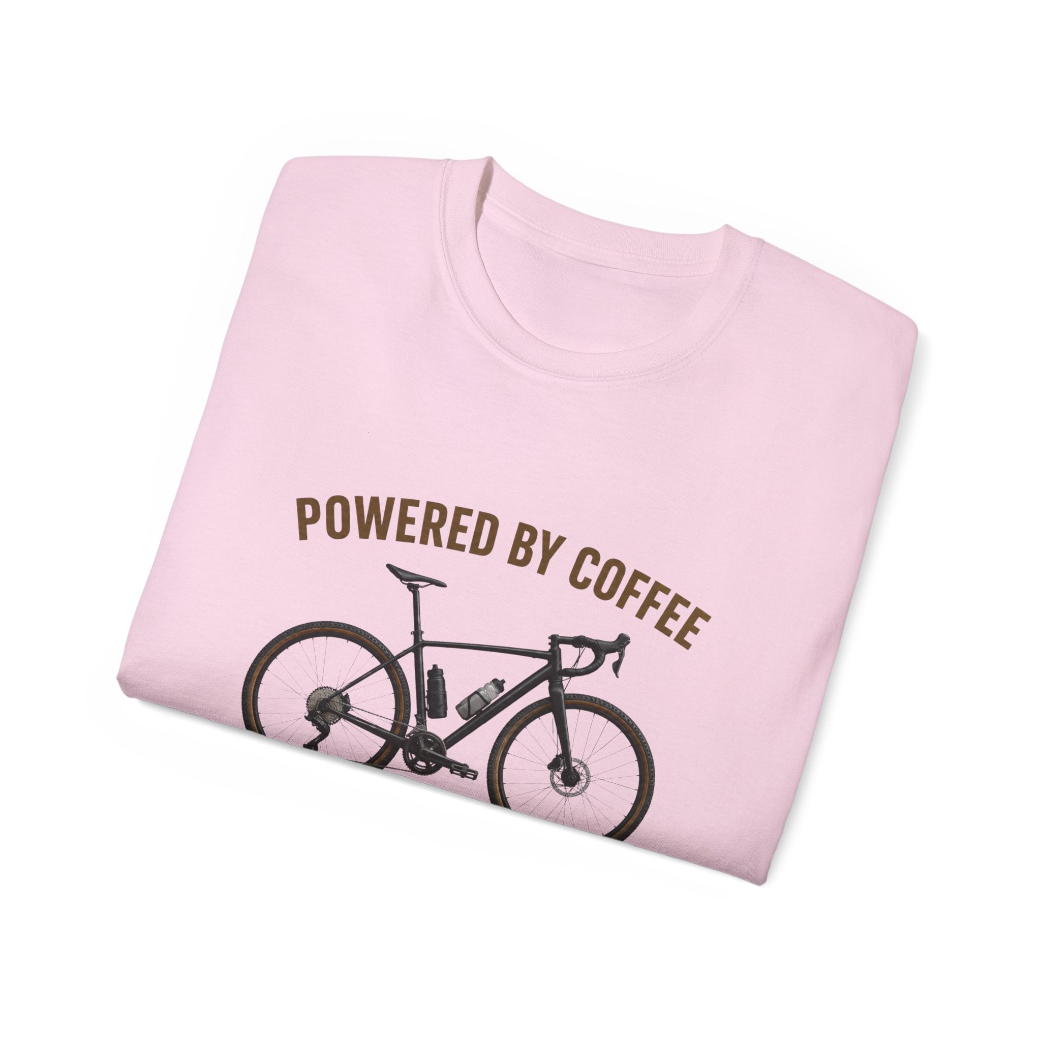 Unisex Coffee-Powered gravel Bike T-Shirt — "Powered by Coffee and Questionable Route Choices"