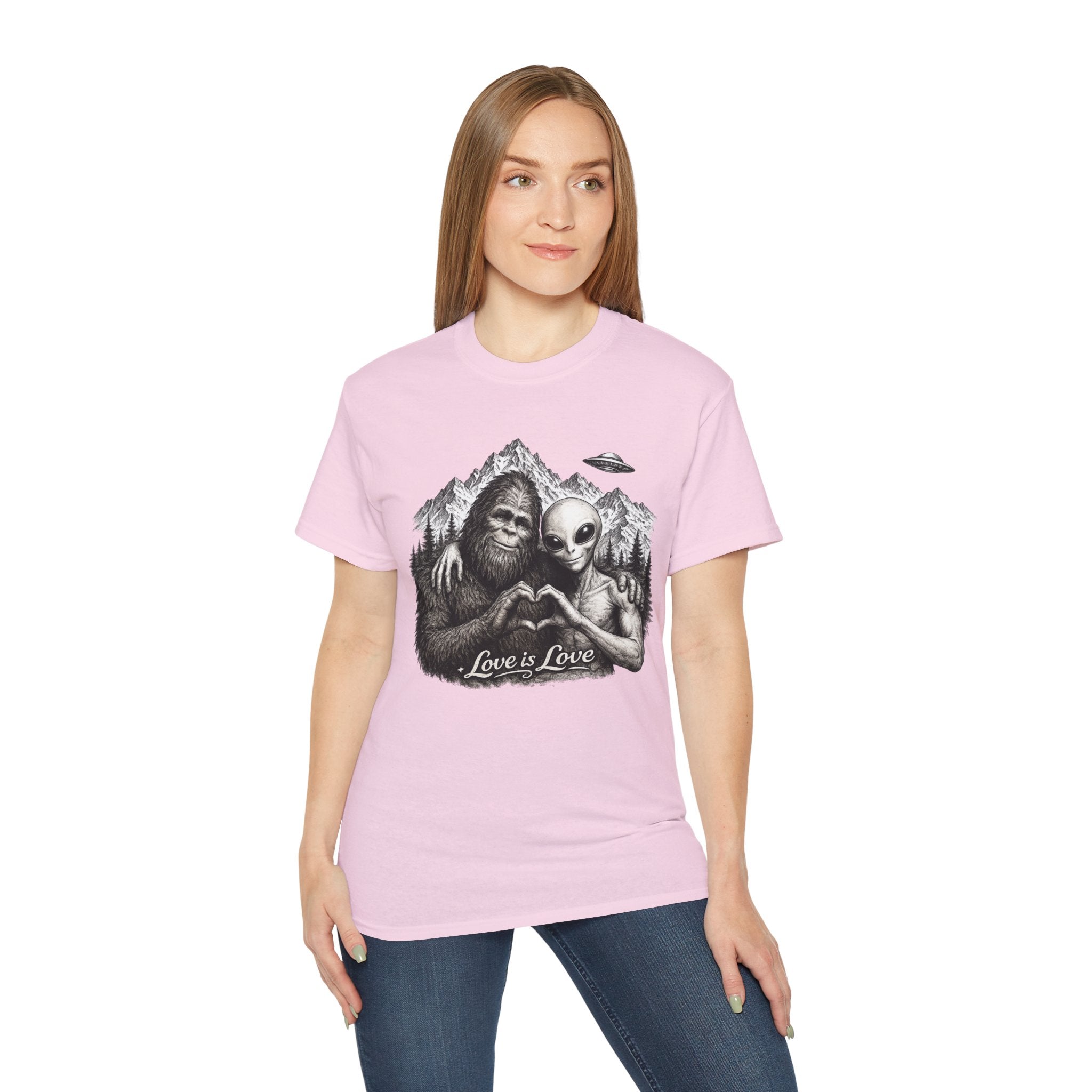 Love Is Love Tee — Bigfoot & Alien Heart Graphic T-Shirt