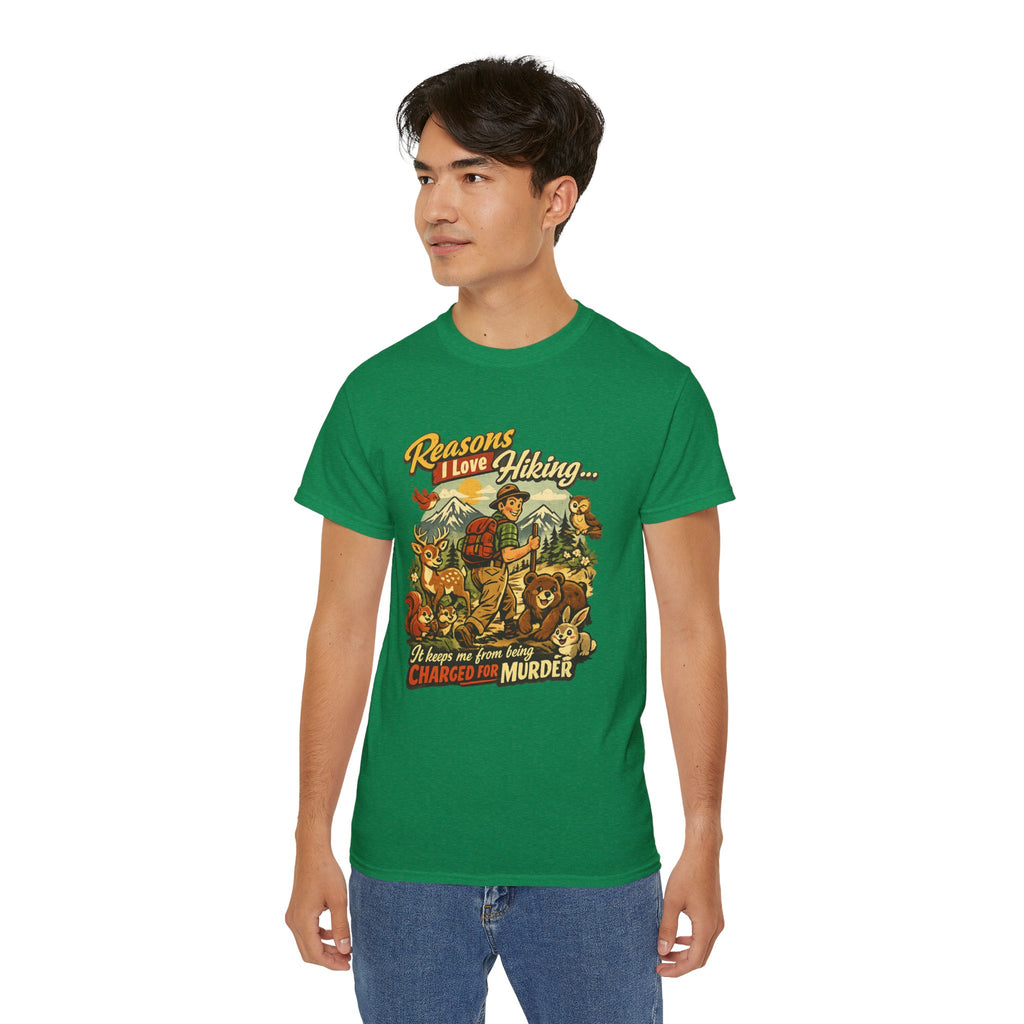 Hiking T-Shirt — Men’s "Reasons I Love Hiking... It Keeps Me From Being Charged For Murder" Vintage Outdoor Tee