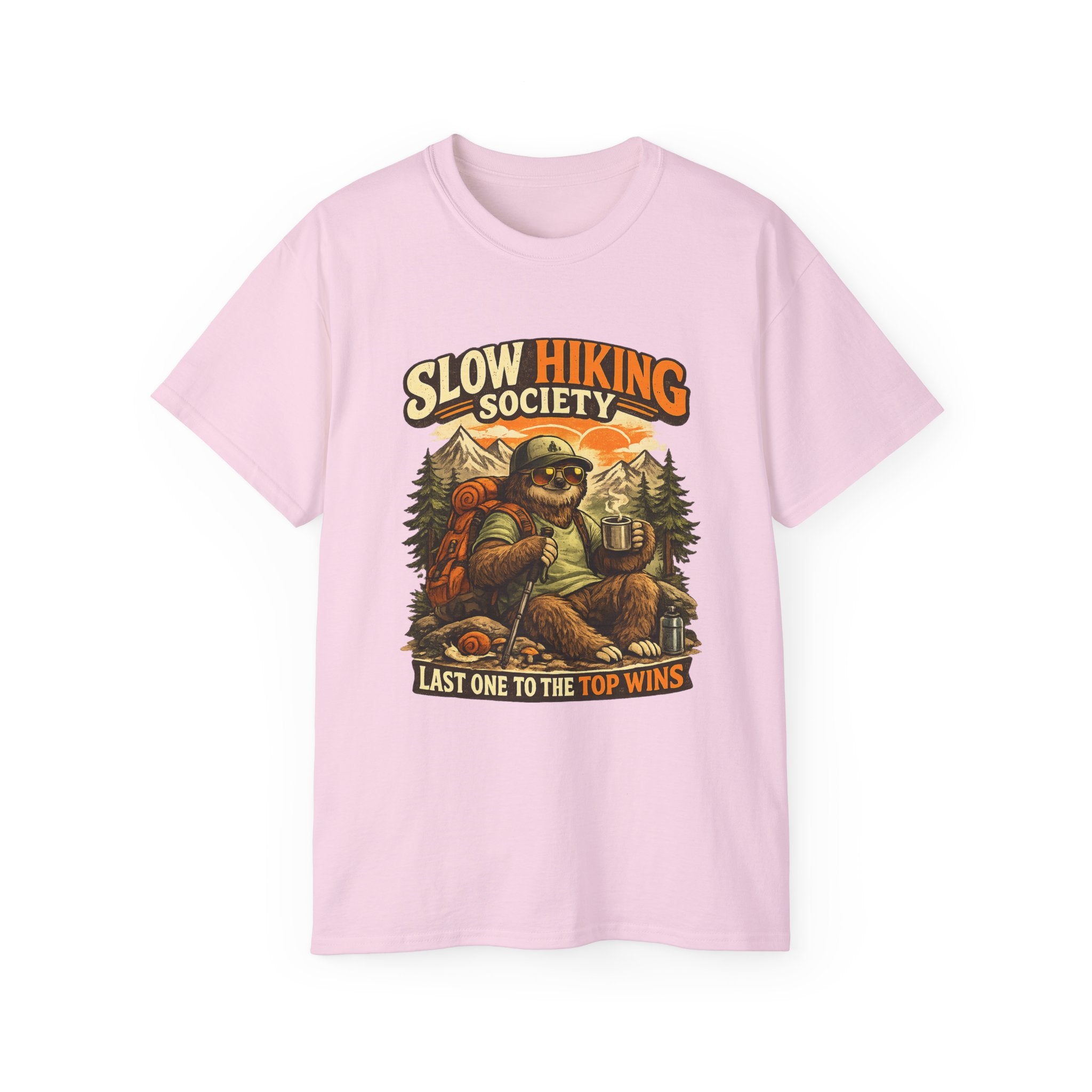 Slow Hiking Society T-Shirt — "Last One to the Top Wins" Vintage Outdoor Tee