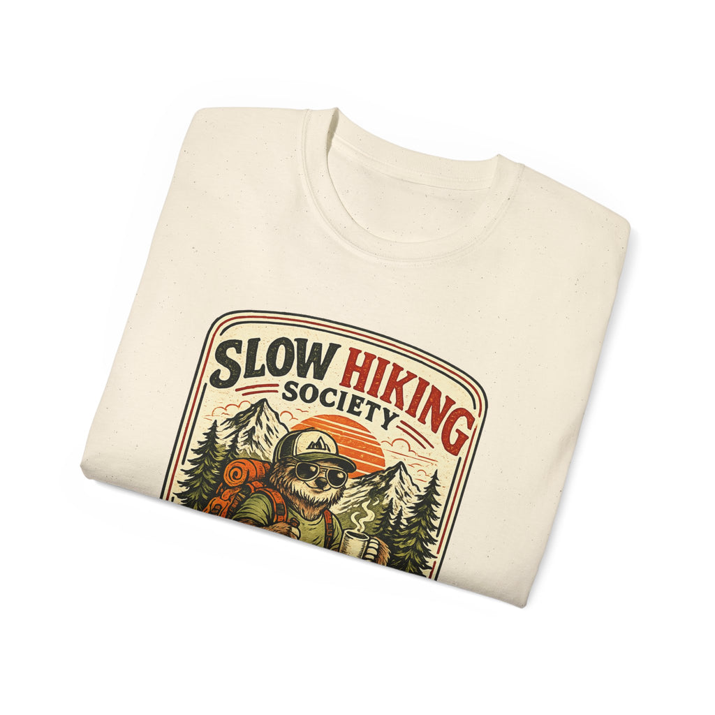 Slow Hiking Society T-Shirt — 'Last One to the Top Wins' Vintage Outdoor Tee