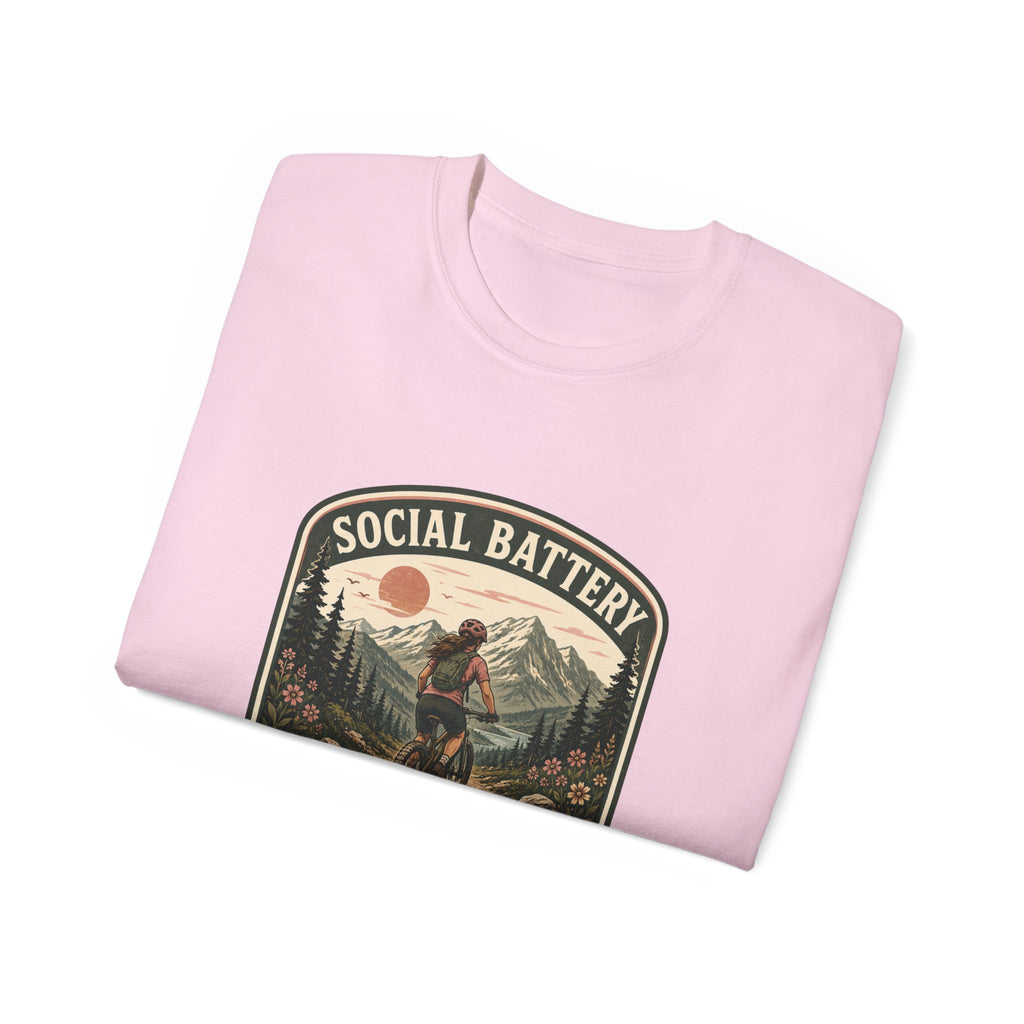 Woman’s Mountain biking T-Shirt — “Social Battery Charges On Trails Only” Outdoor Adventure Tee