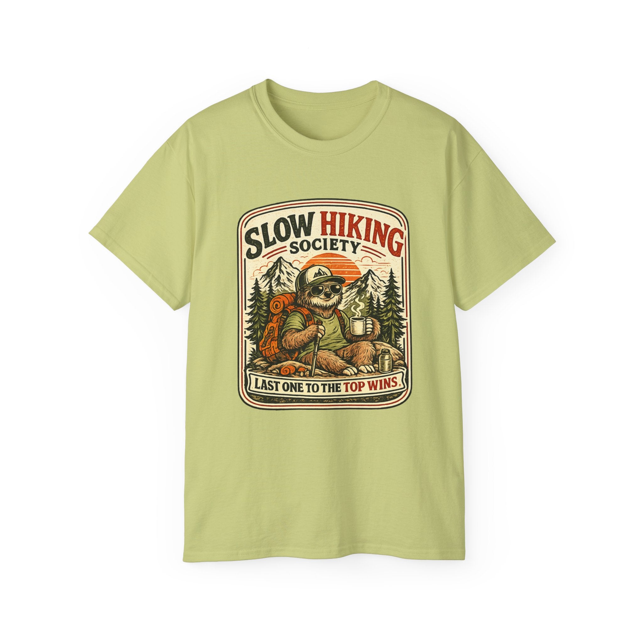 Slow Hiking Society T-Shirt — 'Last One to the Top Wins' Vintage Outdoor Tee