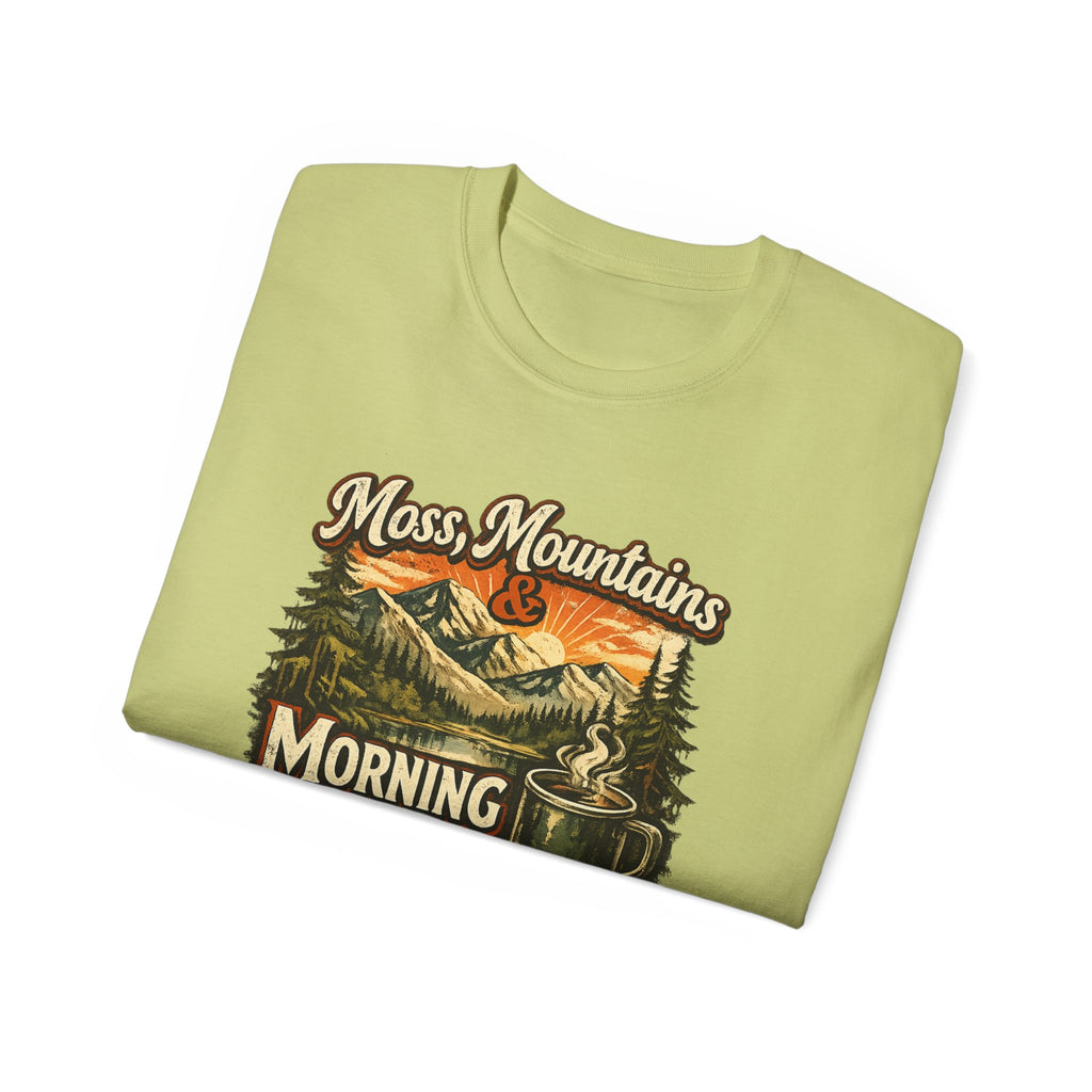 Moss, Mountains & Morning Coffee Tee — Vintage Camping Coffee T‑Shirt