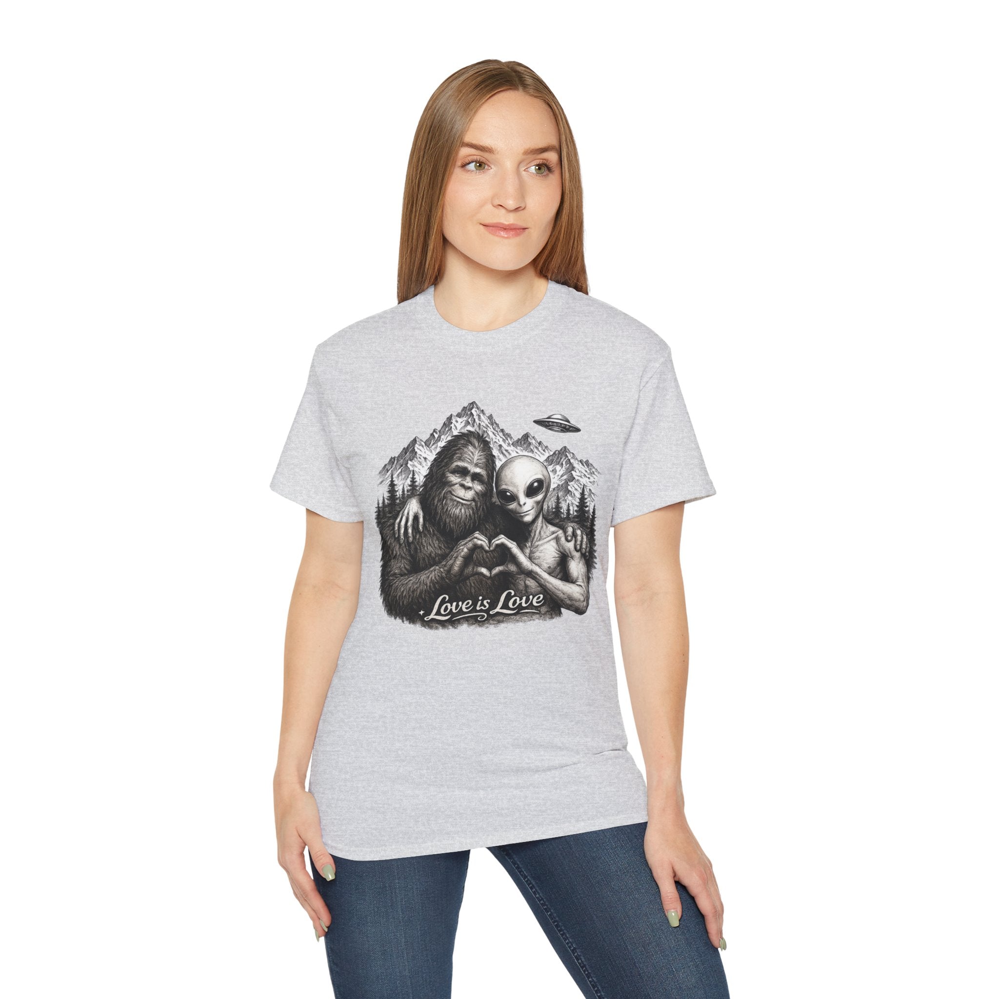 Love Is Love Tee — Bigfoot & Alien Heart Graphic T-Shirt