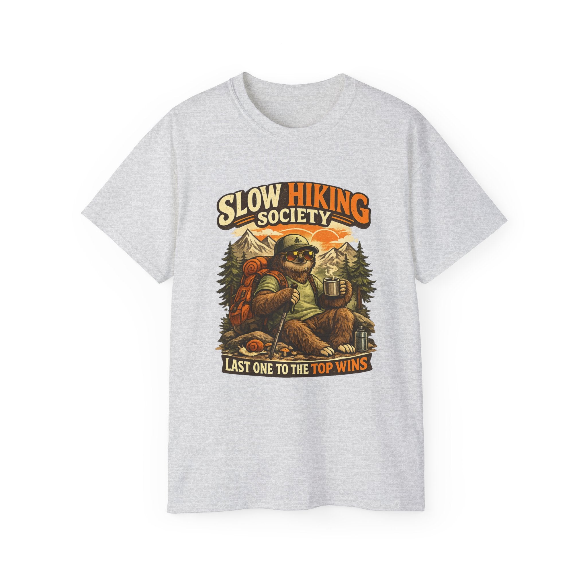 Slow Hiking Society T-Shirt — "Last One to the Top Wins" Vintage Outdoor Tee