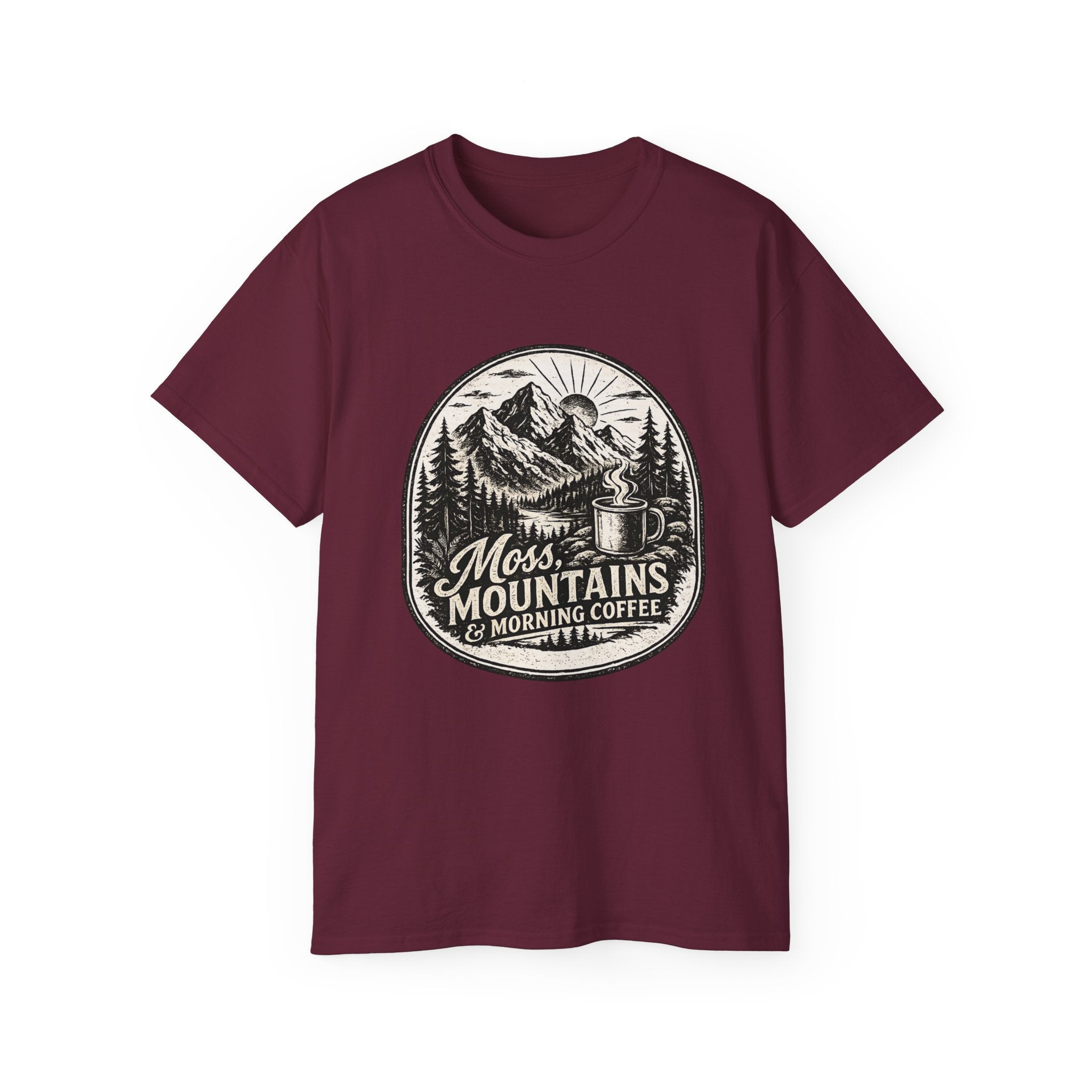 Moss, Mountains & Morning Coffee T-Shirt — Vintage Camping Coffee Tee