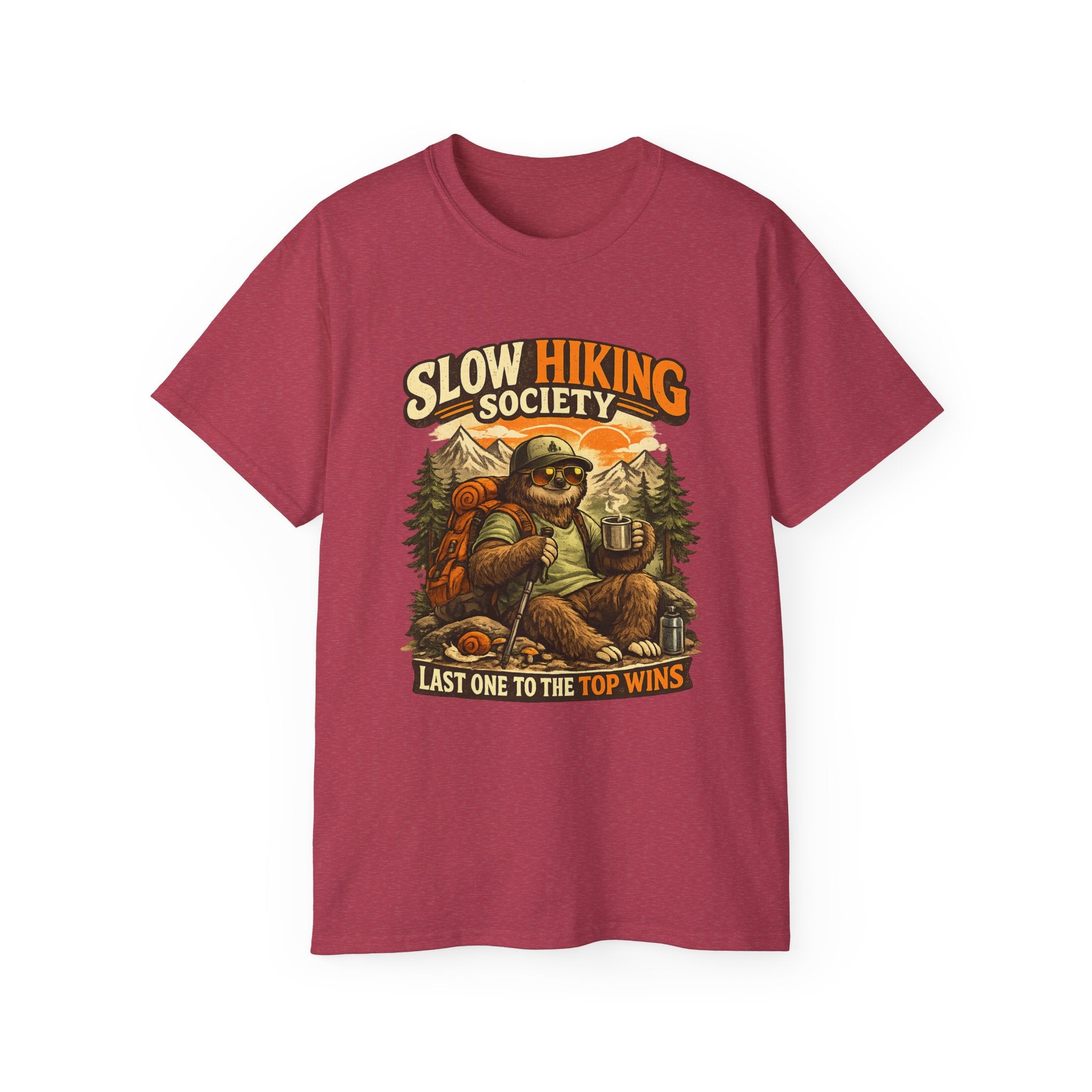 Slow Hiking Society T-Shirt — "Last One to the Top Wins" Vintage Outdoor Tee
