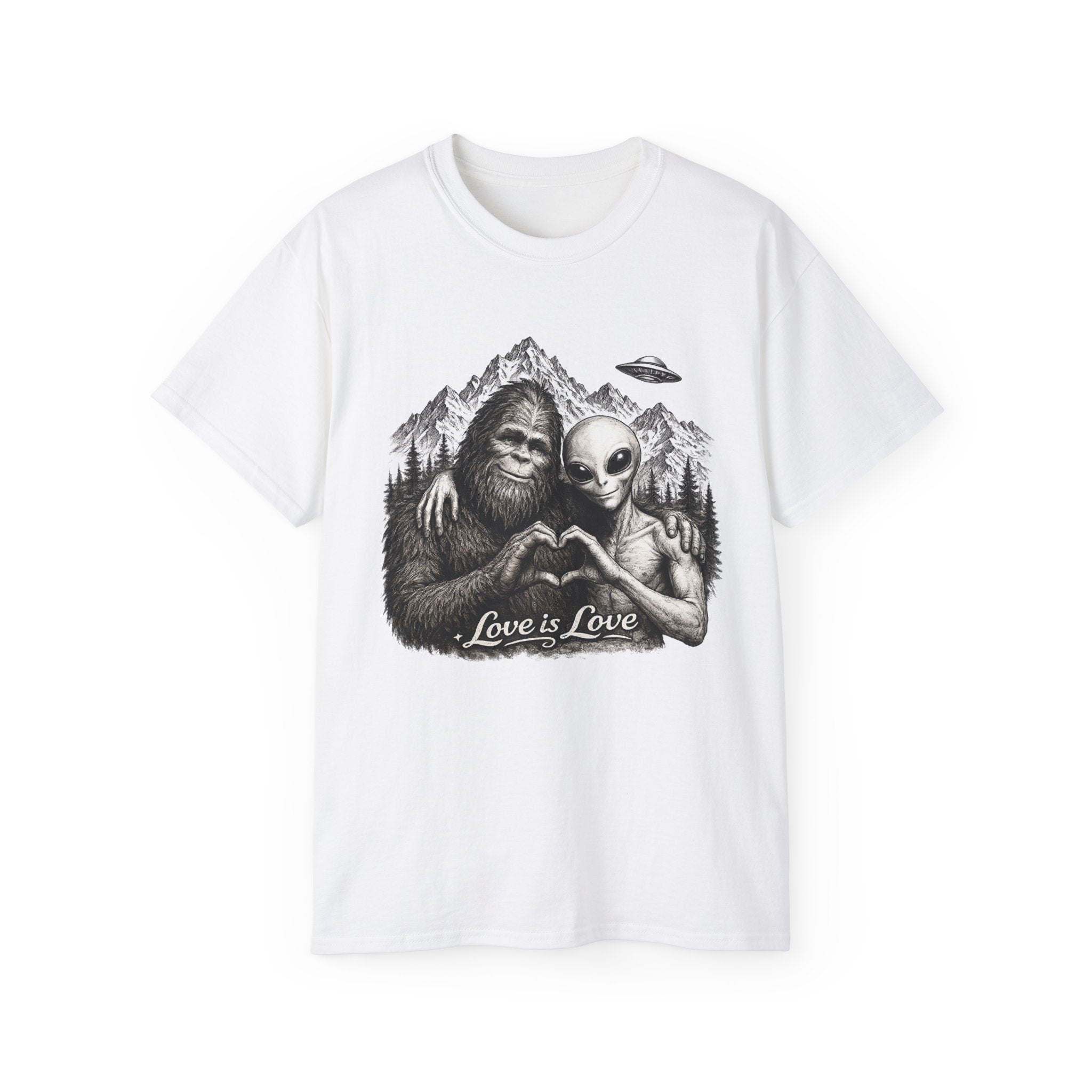 Love Is Love Tee — Bigfoot & Alien Heart Graphic T-Shirt