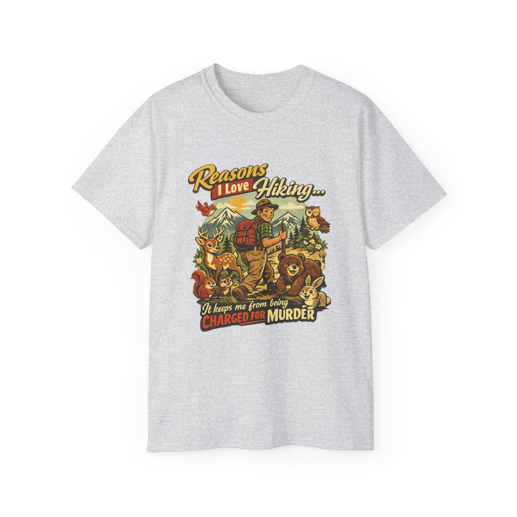 Hiking T-Shirt — Men’s "Reasons I Love Hiking... It Keeps Me From Being Charged For Murder" Vintage Outdoor Tee