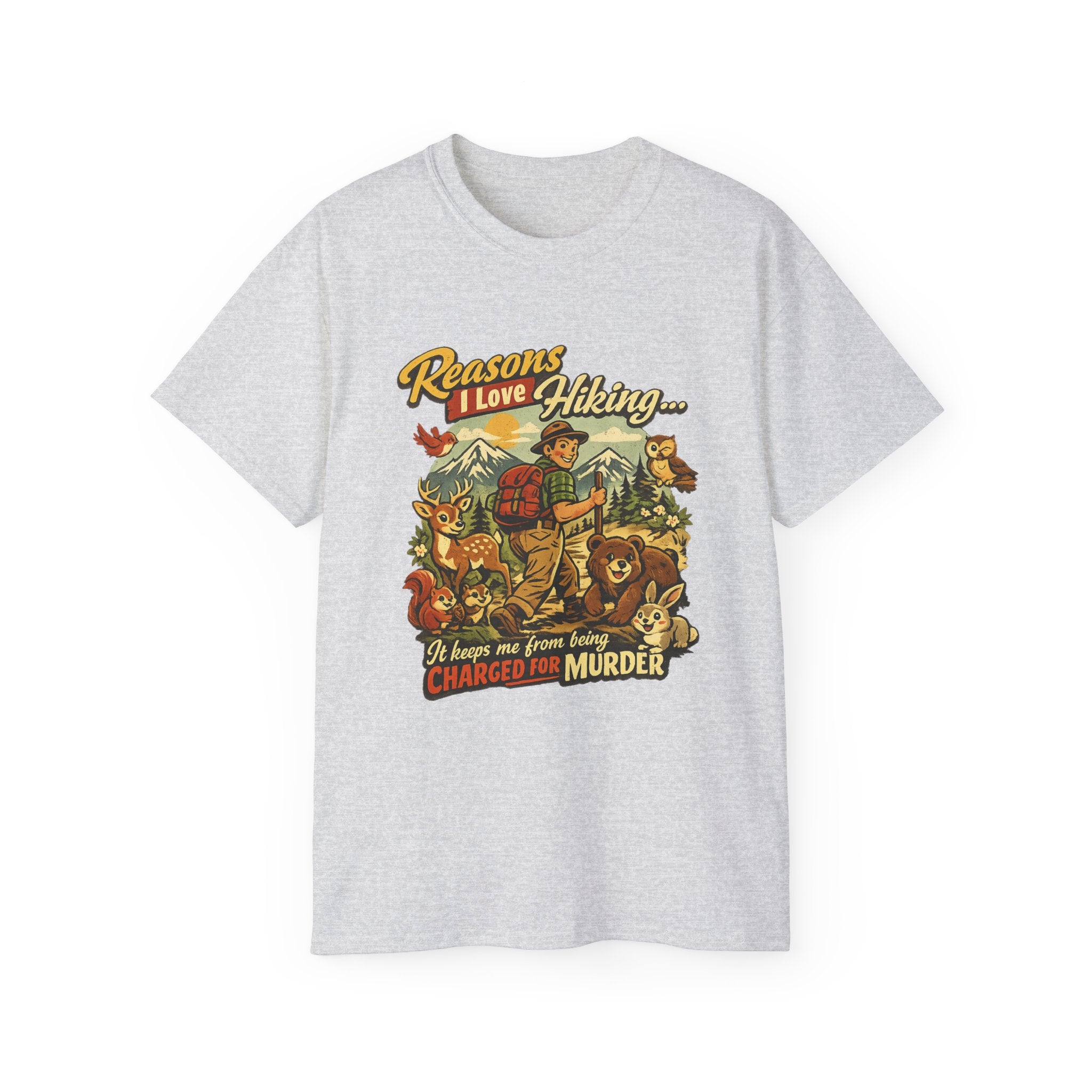 Hiking T-Shirt — Men’s "Reasons I Love Hiking... It Keeps Me From Being Charged For Murder" Vintage Outdoor Tee