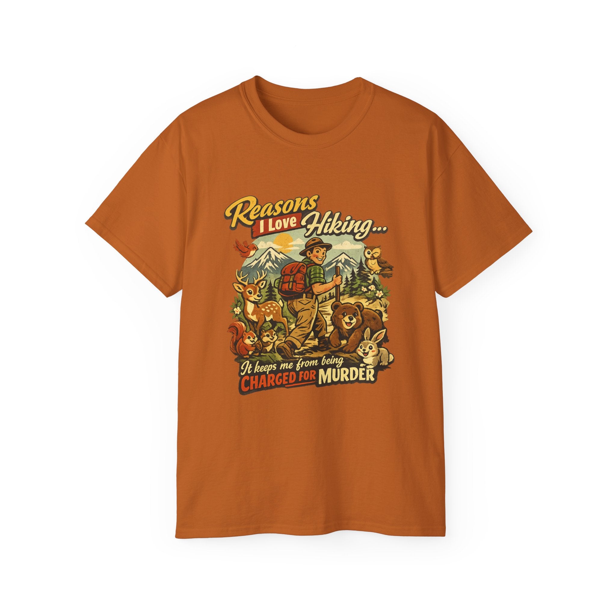 Hiking T-Shirt — Men’s "Reasons I Love Hiking... It Keeps Me From Being Charged For Murder" Vintage Outdoor Tee