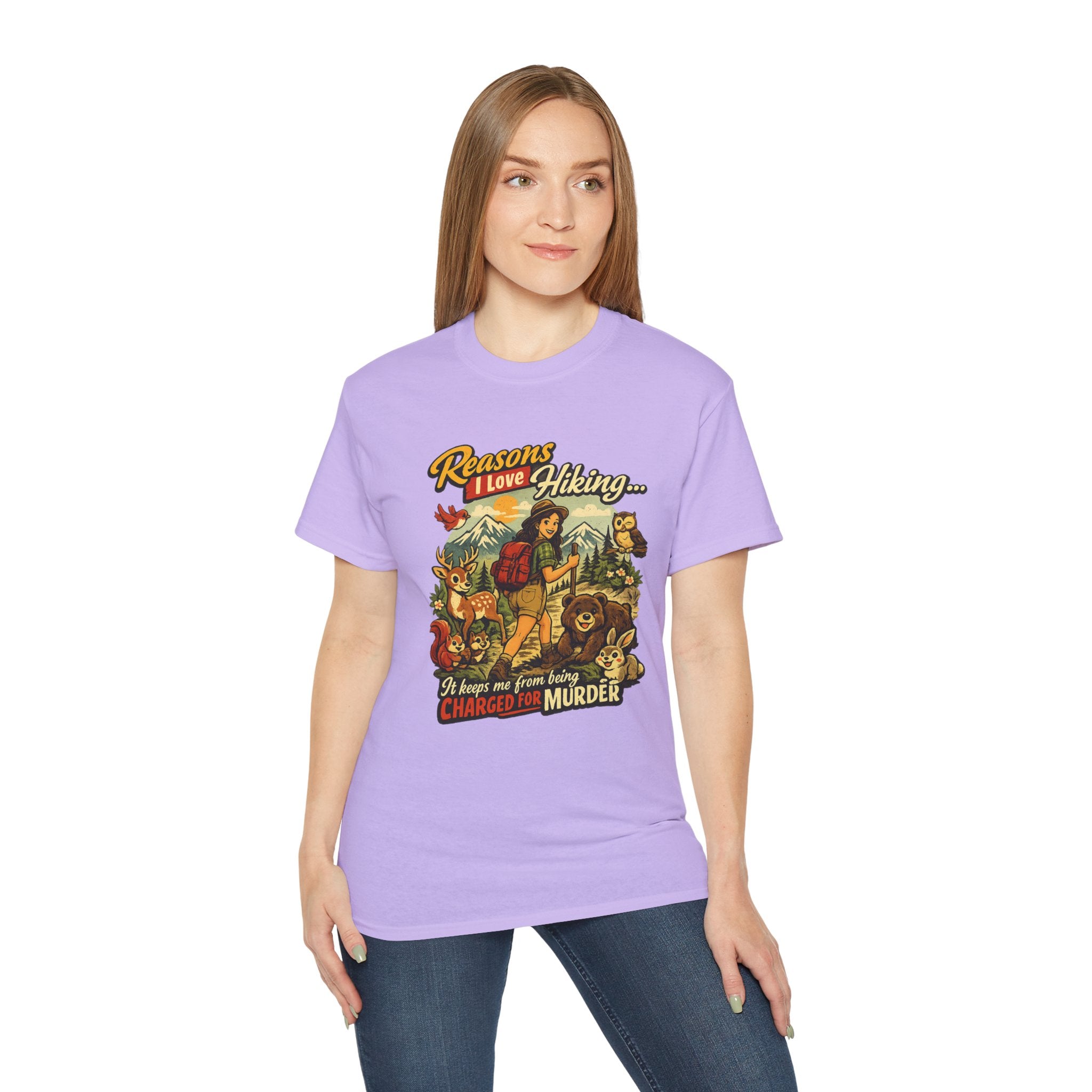 Hiking T-Shirt — "Reasons I Love Hiking... It Keeps Me From Being Charged For Murder" Retro Outdoor Tee