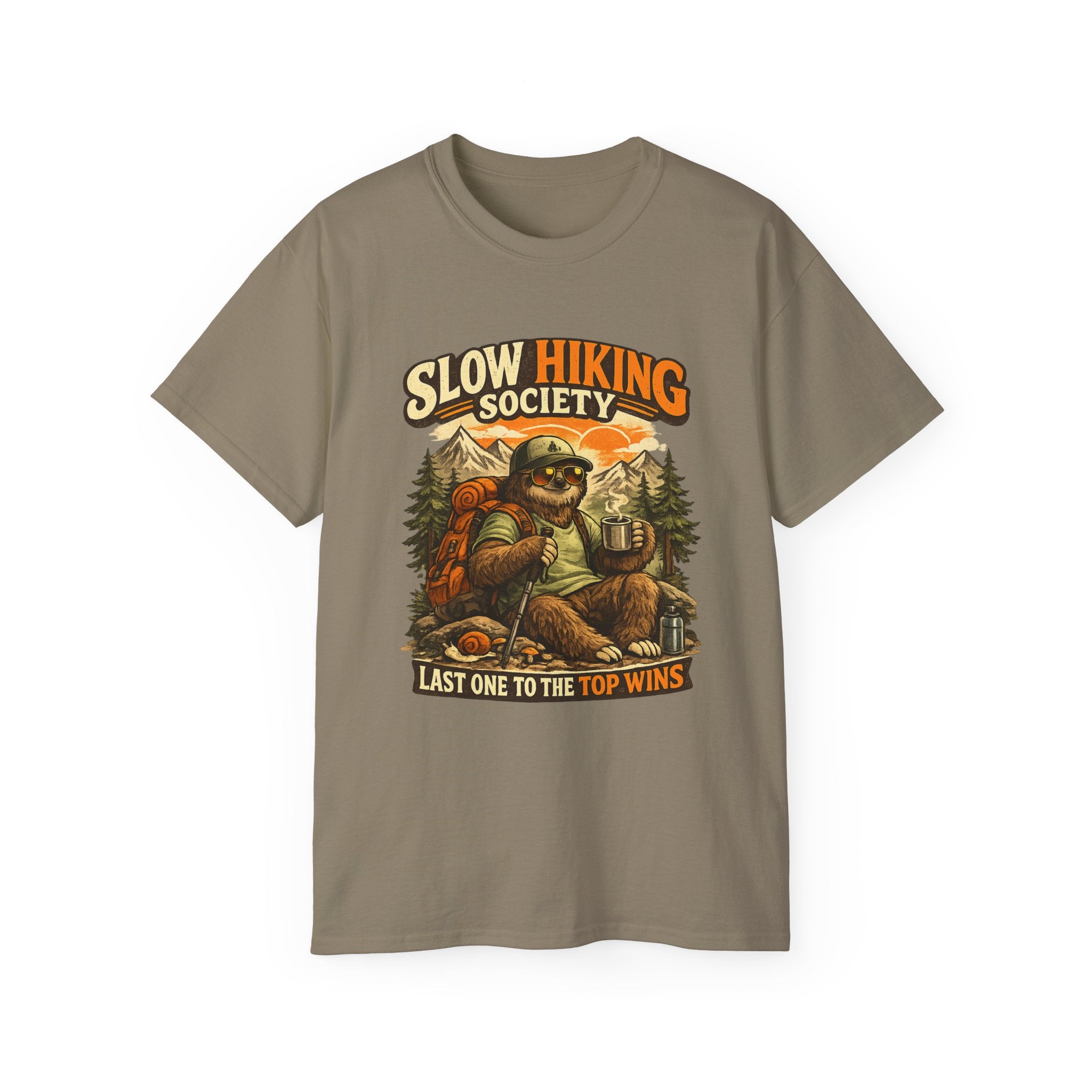 Slow Hiking Society T-Shirt — "Last One to the Top Wins" Vintage Outdoor Tee