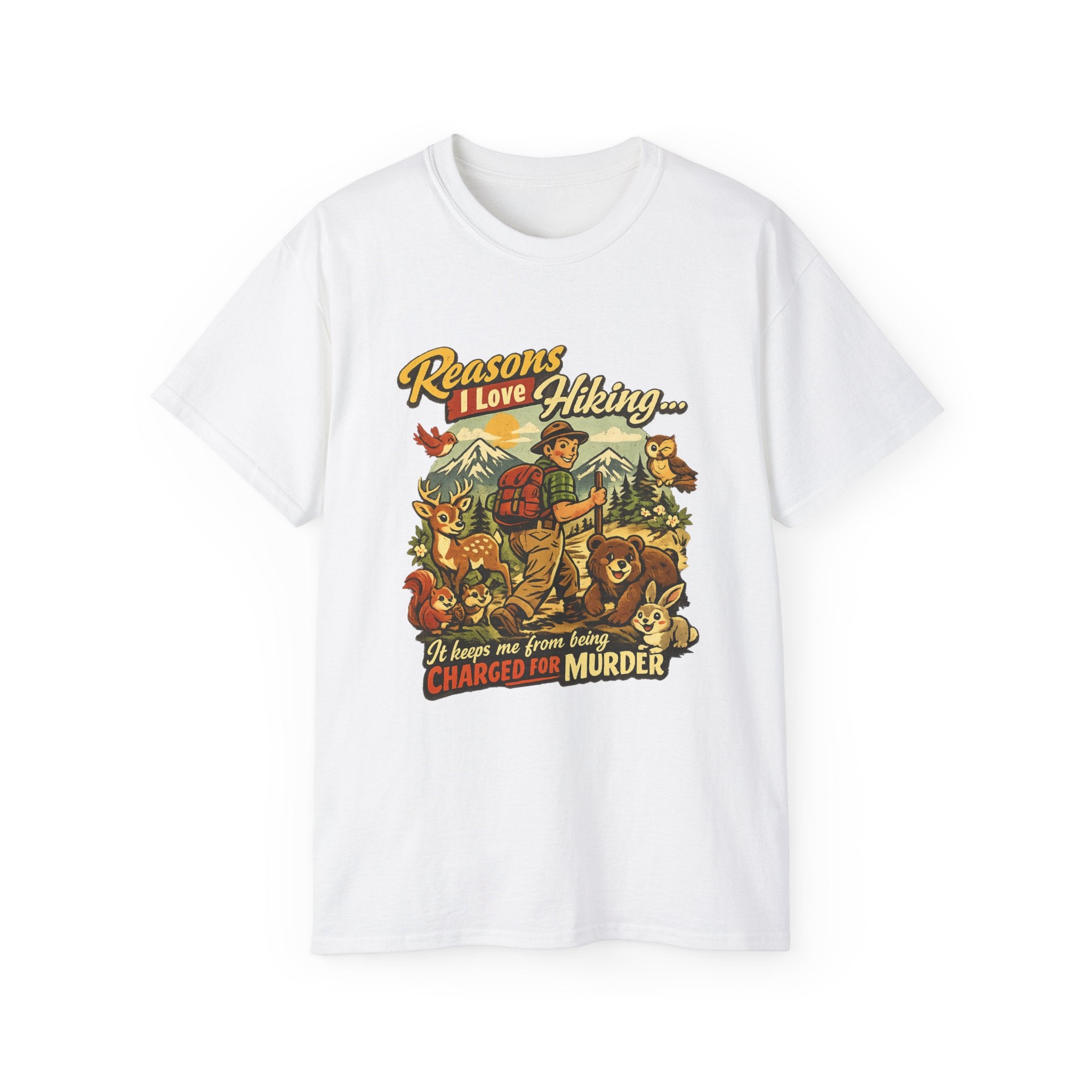 Hiking T-Shirt — Men’s "Reasons I Love Hiking... It Keeps Me From Being Charged For Murder" Vintage Outdoor Tee