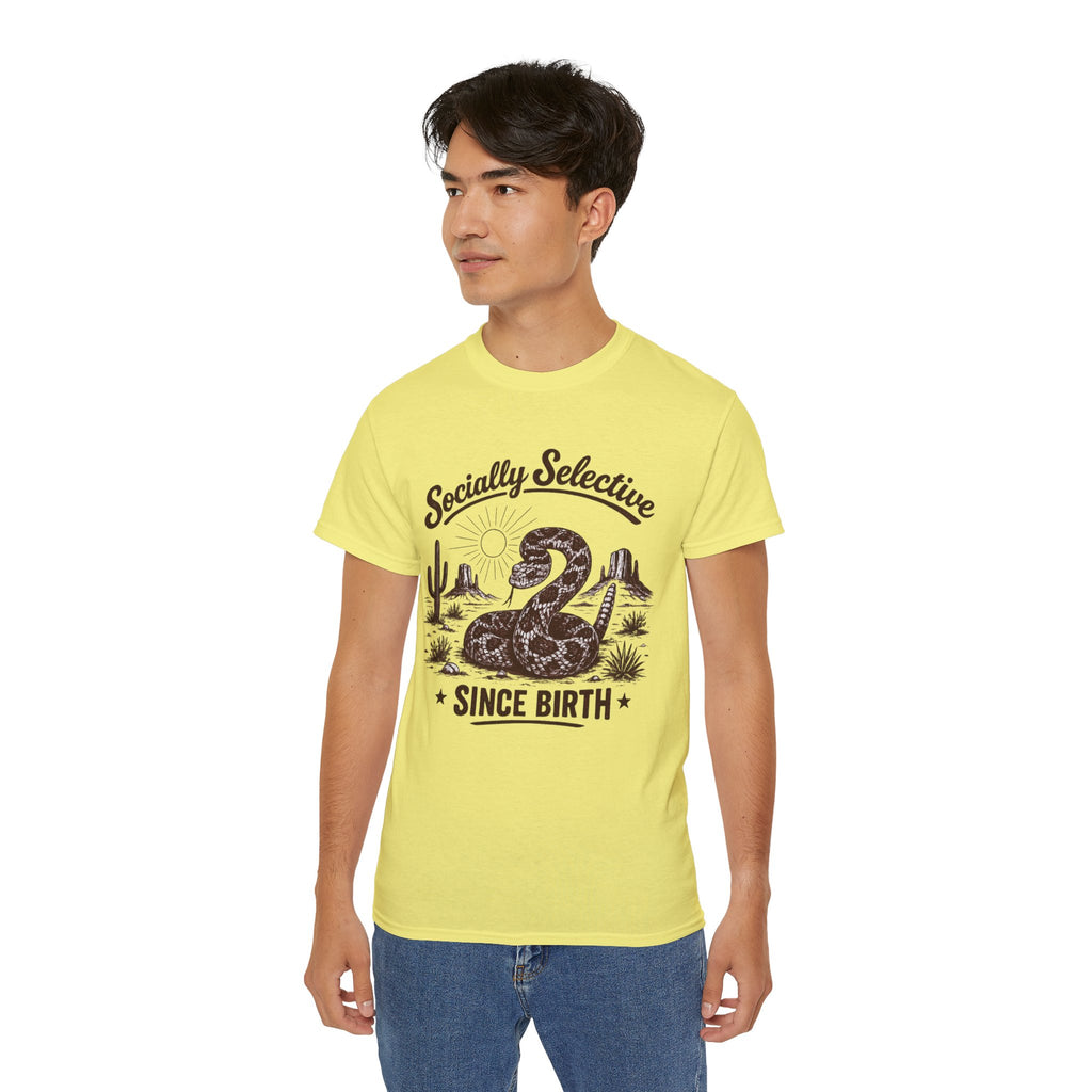 T-Shirt — "Socially Selective Since Birth" Vintage Desert Snake Graphic Tee