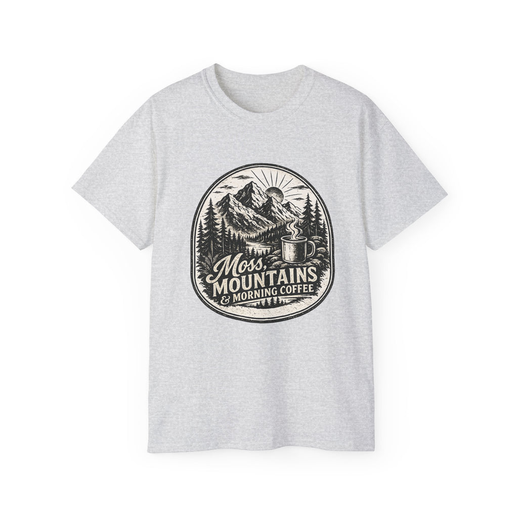 Moss, Mountains & Morning Coffee T-Shirt — Vintage Camping Coffee Tee