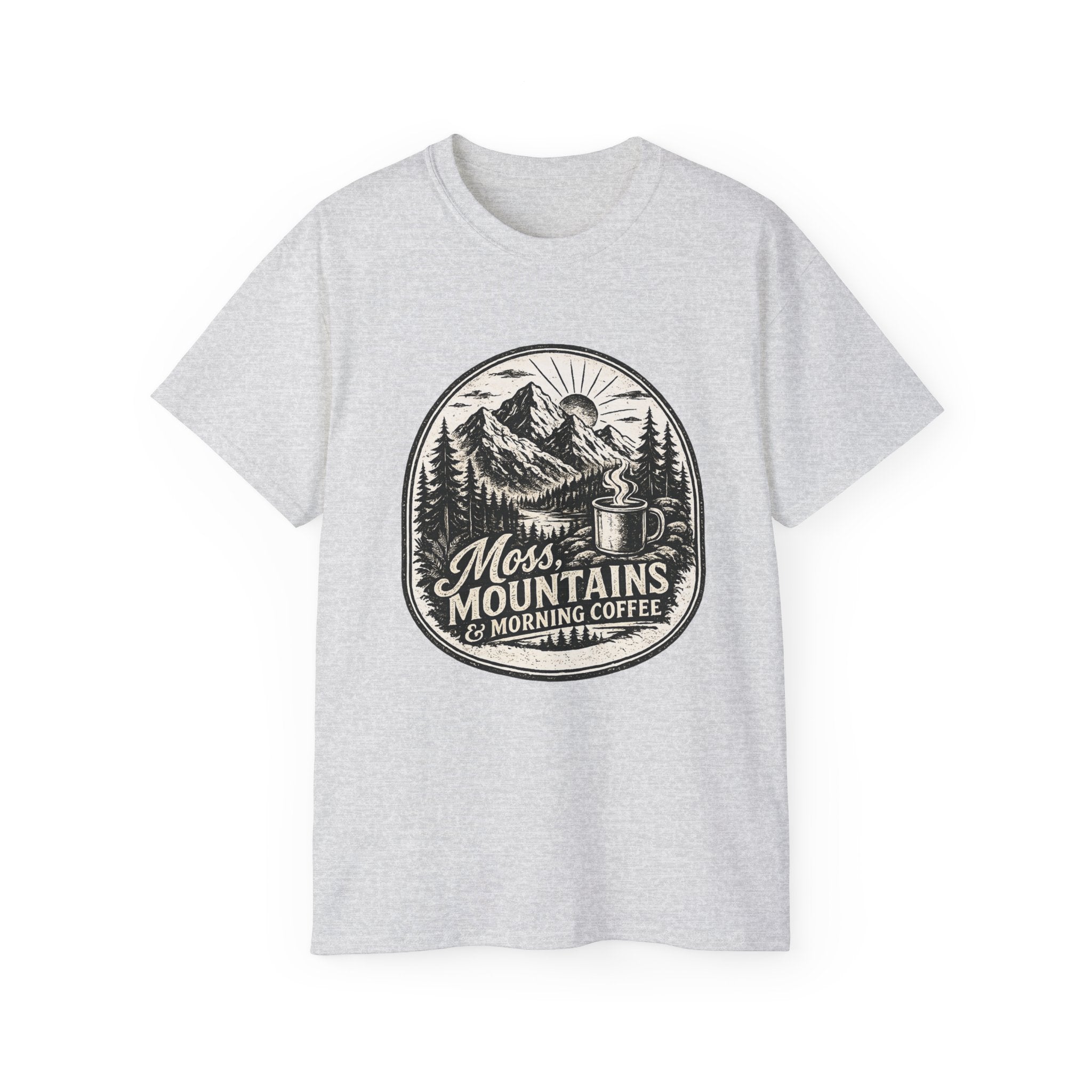 Moss, Mountains & Morning Coffee T-Shirt — Vintage Camping Coffee Tee