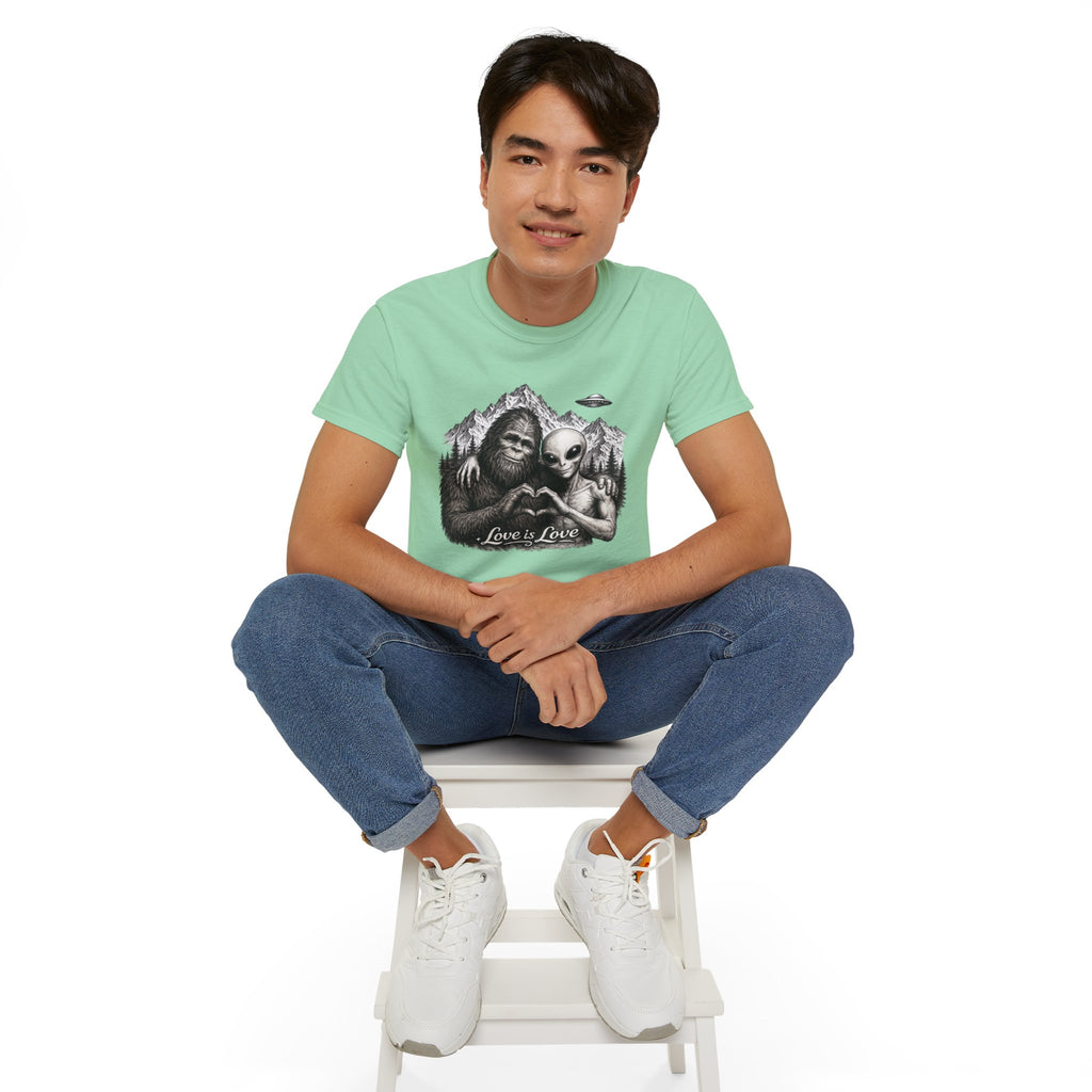 Love Is Love Tee — Bigfoot & Alien Heart Graphic T-Shirt