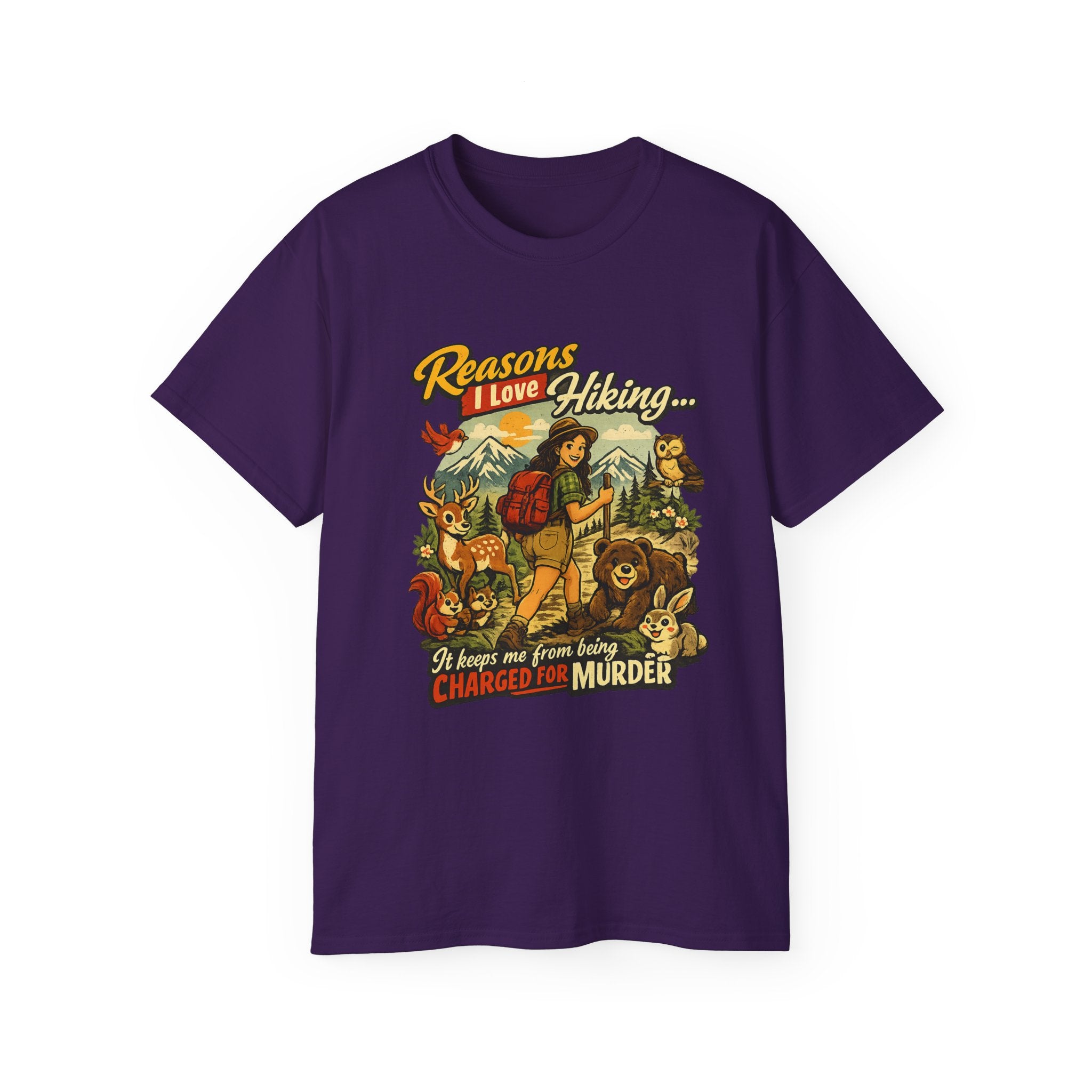 Hiking T-Shirt — "Reasons I Love Hiking... It Keeps Me From Being Charged For Murder" Retro Outdoor Tee