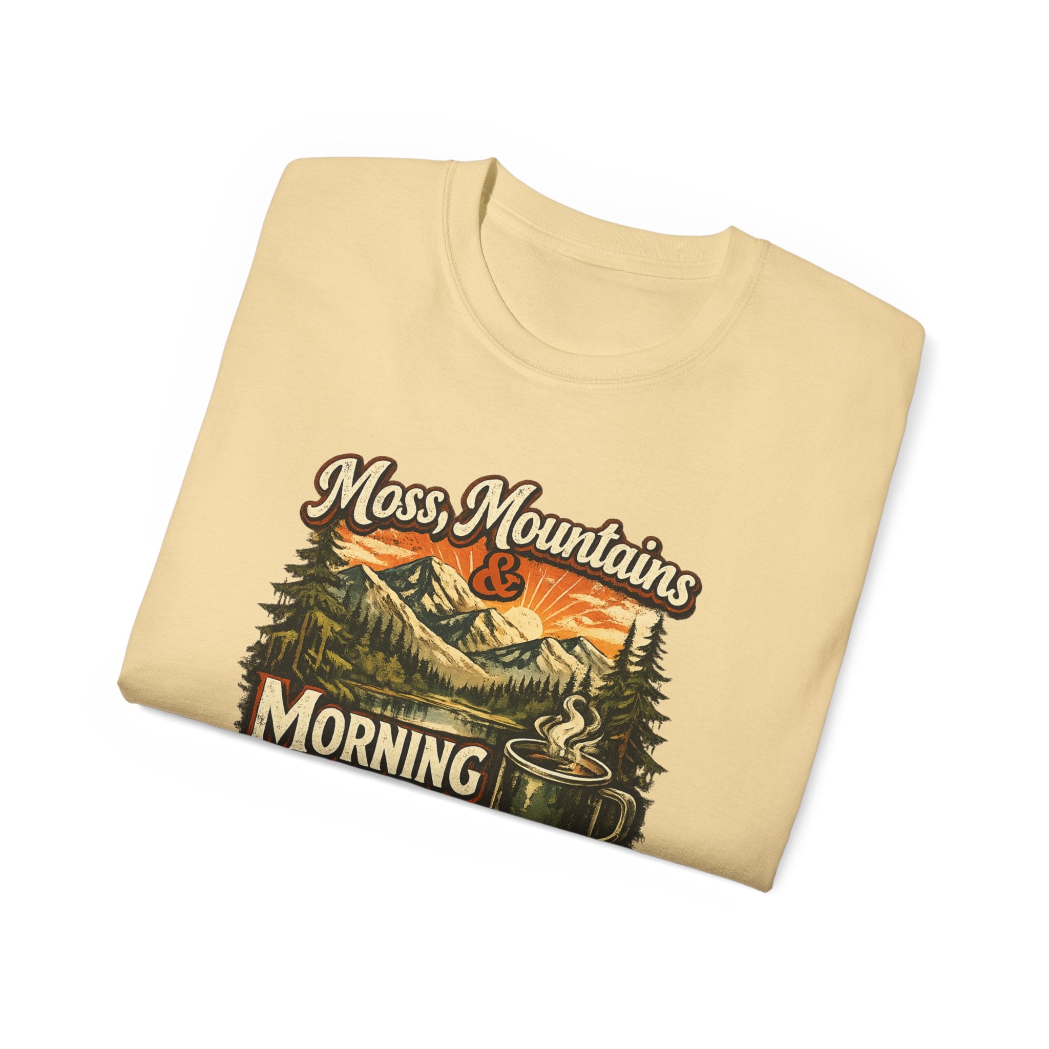 Moss, Mountains & Morning Coffee Tee — Vintage Camping Coffee T‑Shirt