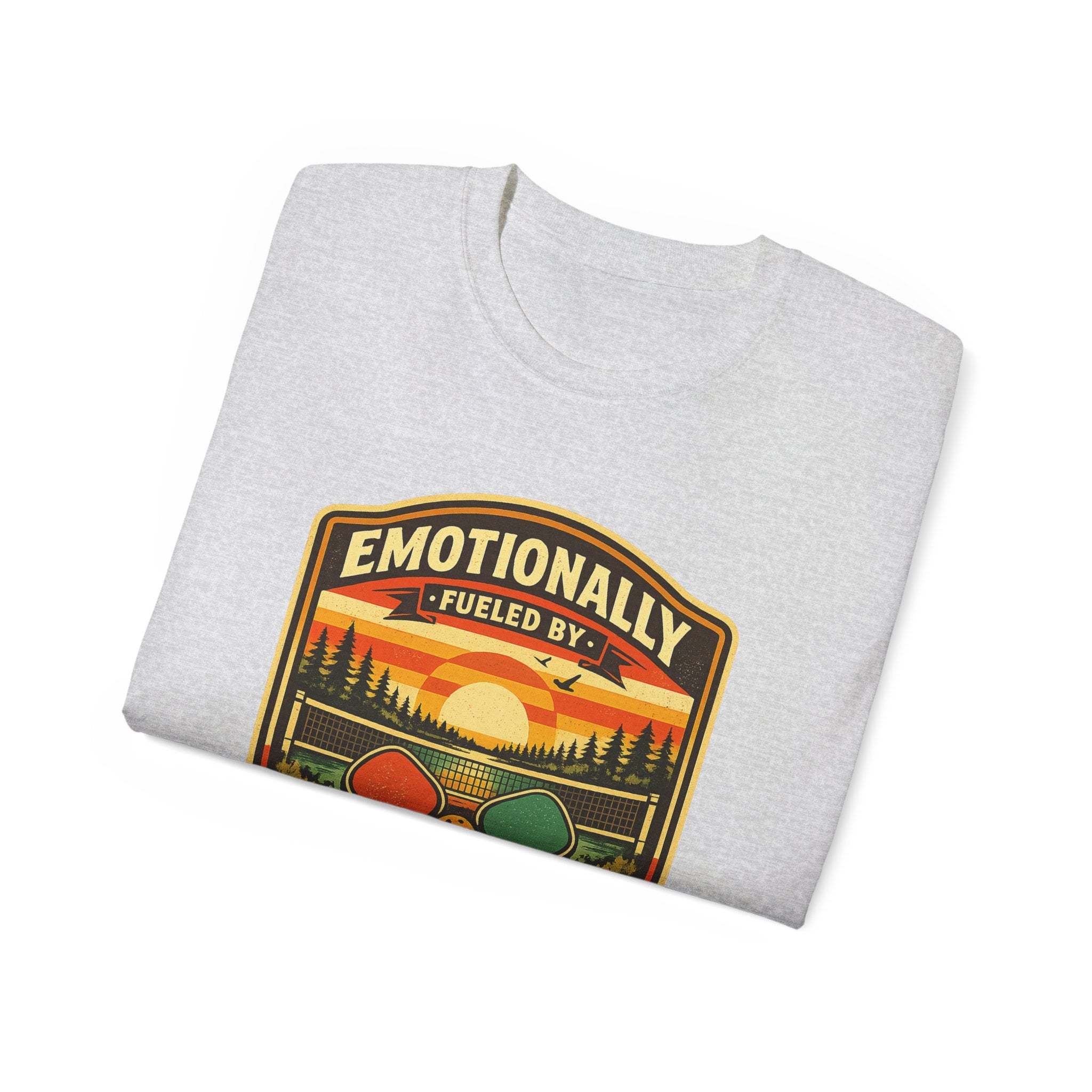 Pickleball Sunset Badge T‑Shirt  Emotionally Fueled by Pickleball