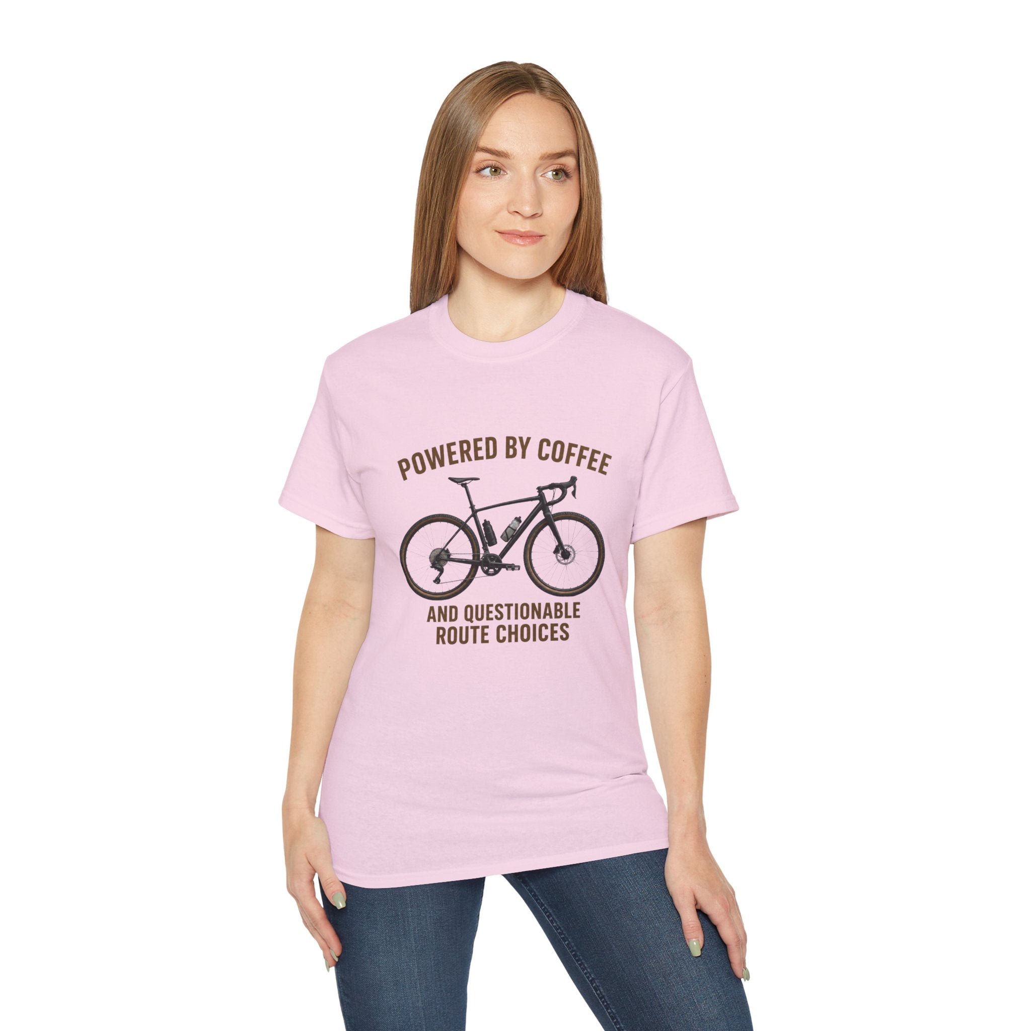 Unisex Coffee-Powered gravel Bike T-Shirt — "Powered by Coffee and Questionable Route Choices"