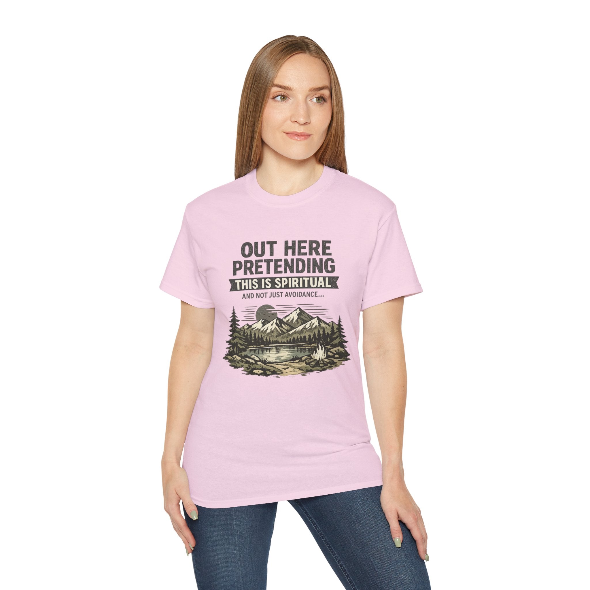 “Out Here Pretending This Is Spiritual” Mountain Camping Shirt