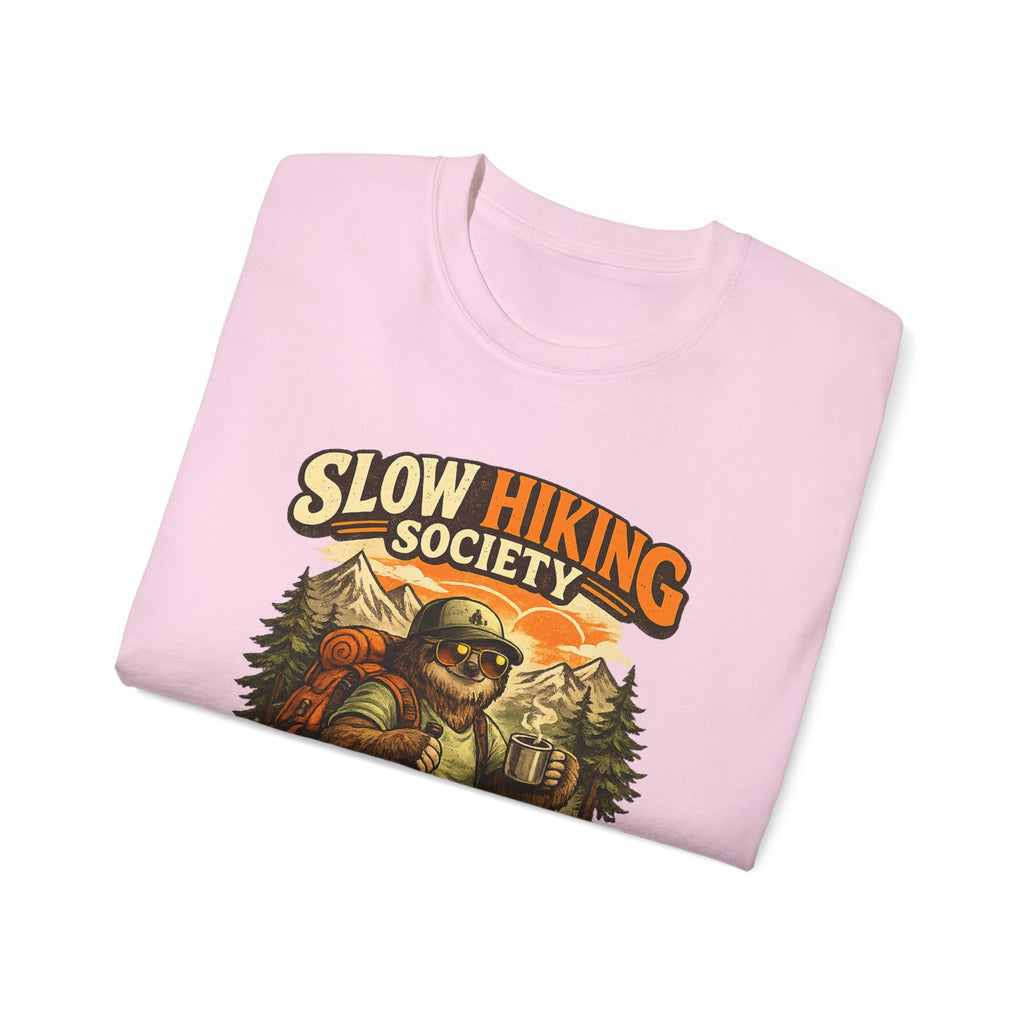 Slow Hiking Society T-Shirt — "Last One to the Top Wins" Vintage Outdoor Tee