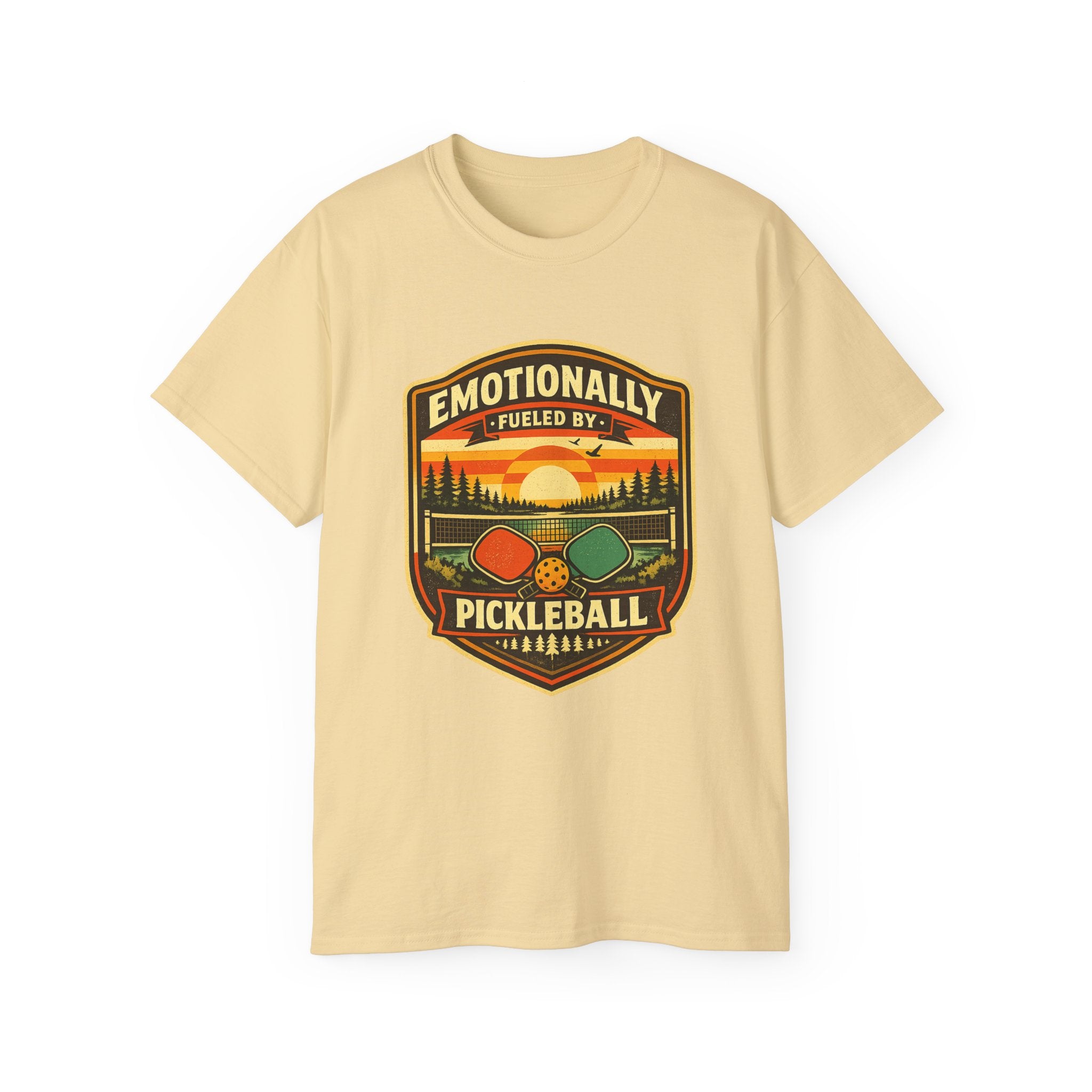 Pickleball Sunset Badge T‑Shirt  Emotionally Fueled by Pickleball