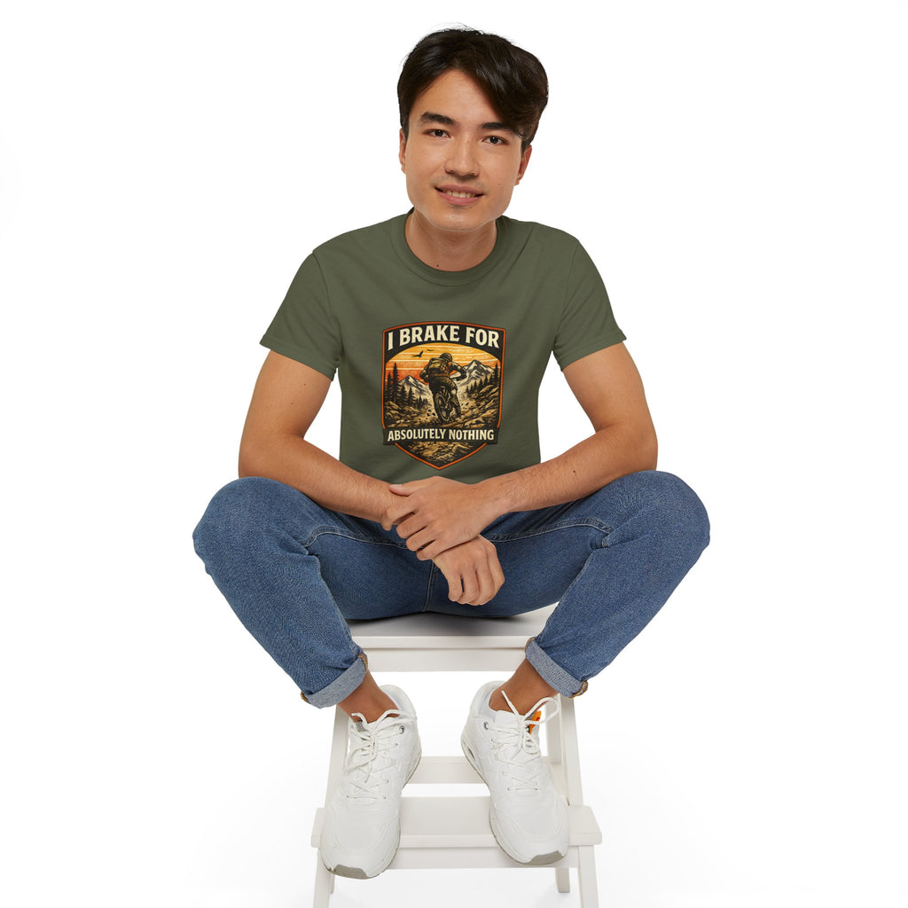 Mountain biking Tee Shirt — "I Brake for Absolutely Nothing" Vintage Rider Tee