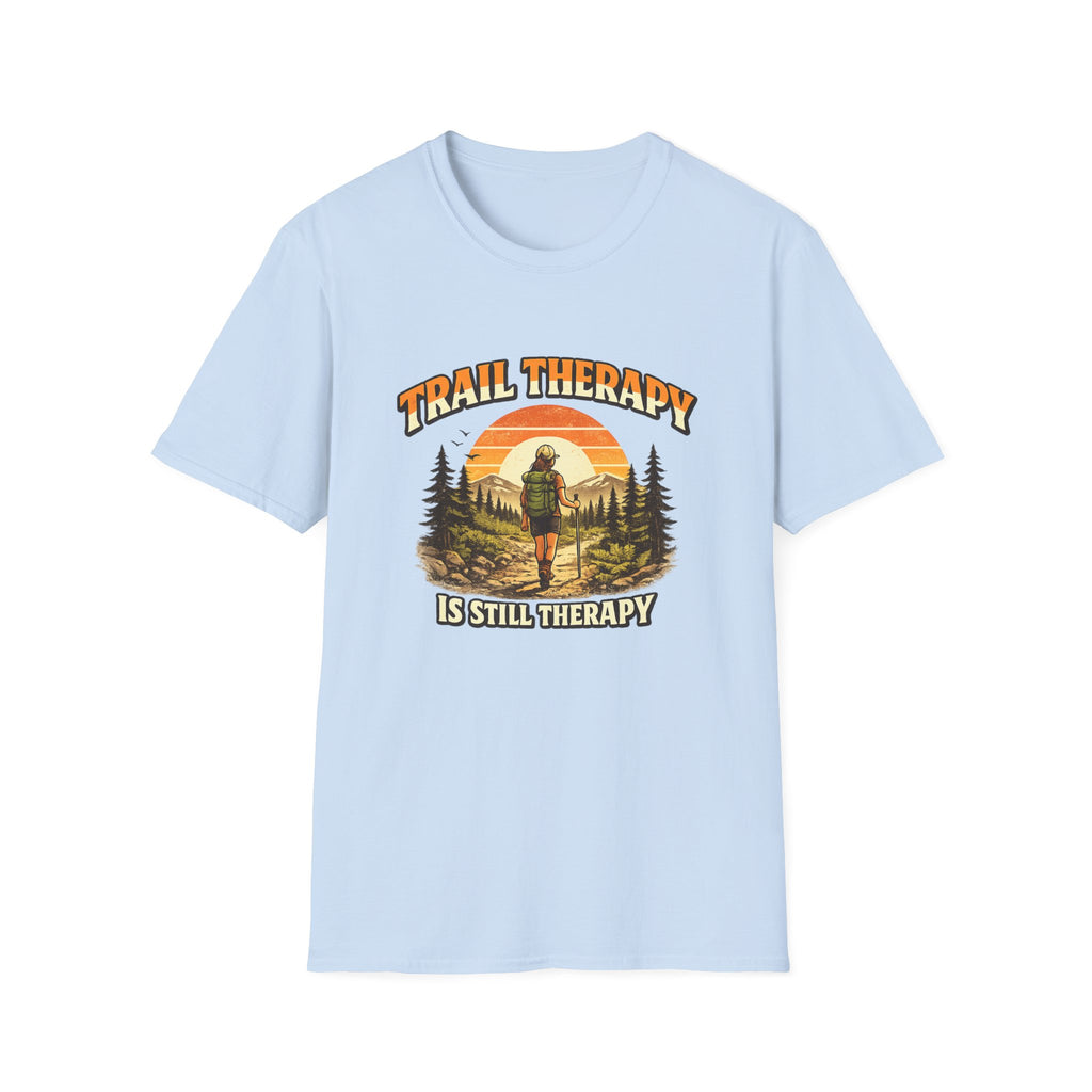 Woman’s Trail Therapy T-Shirt — Female Hiker Sunset Graphic