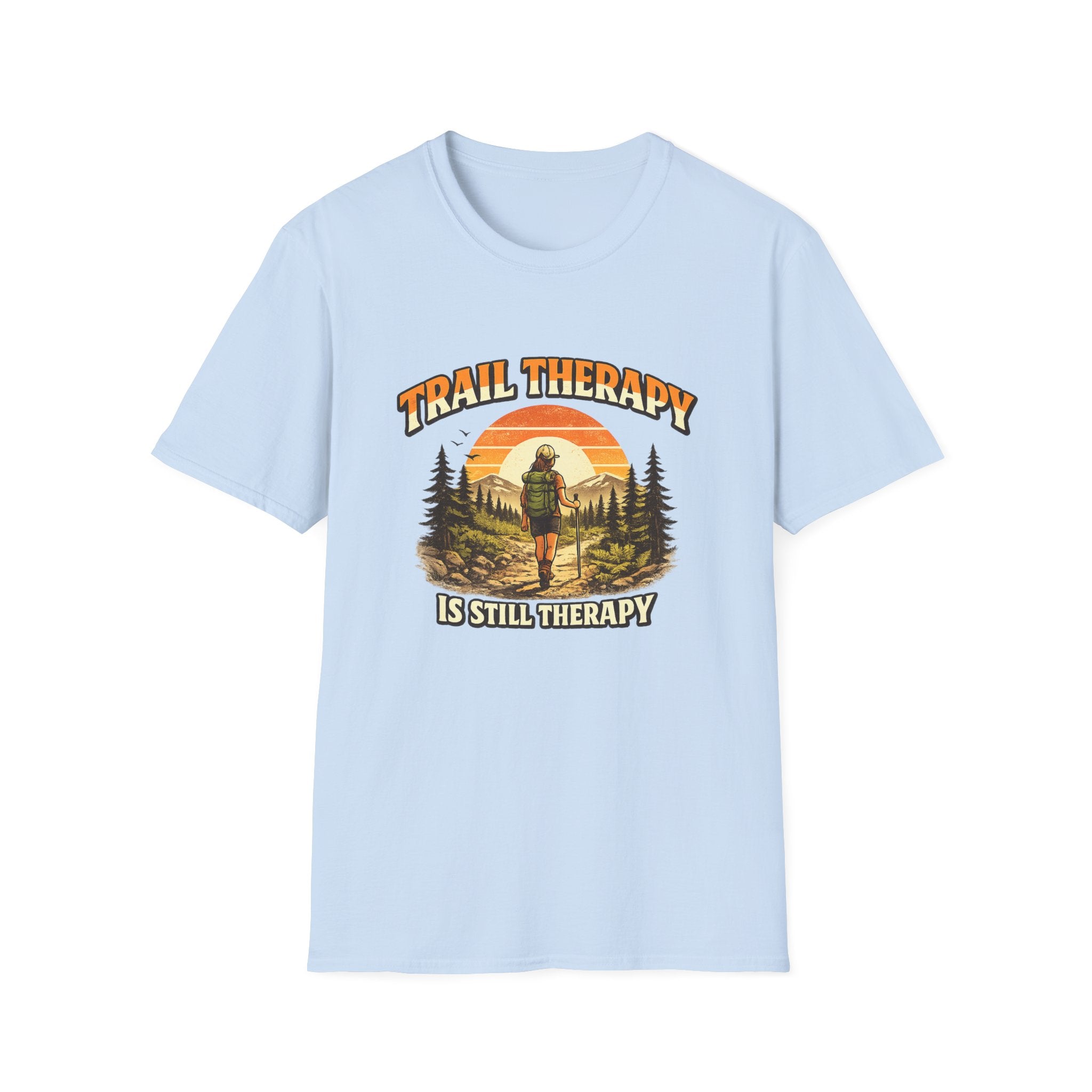 Woman’s Trail Therapy T-Shirt — Female Hiker Sunset Graphic
