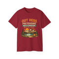 Outdoor Graphic Tee — “Out Here Pretending This Is Spiritual” Mountain Lake T‑Shirt - Because we know the truth and it's okay