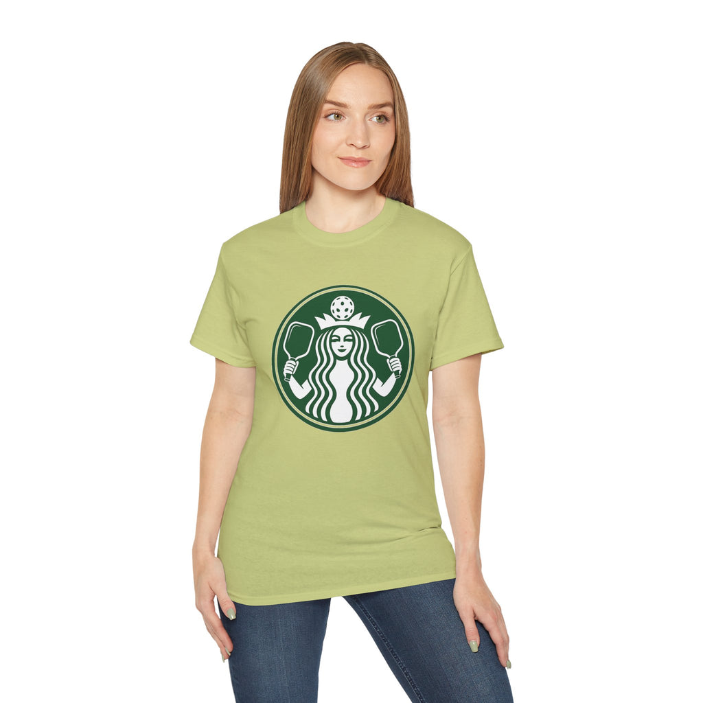 Coffee pickleball Logo Tee — Retro Mermaid Holding paddles Graphic T-Shirt