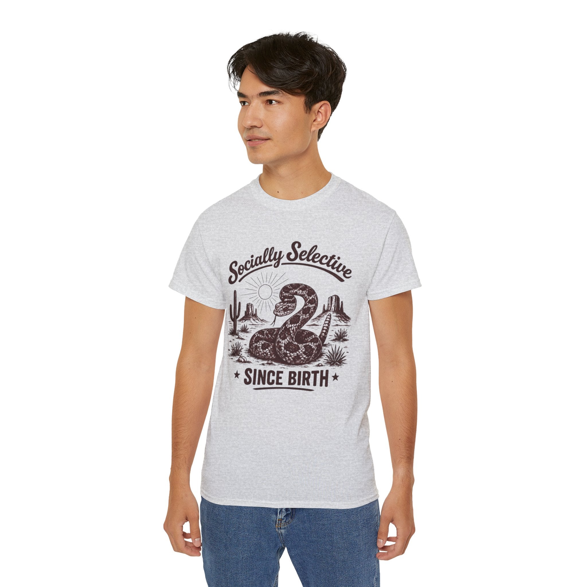 T-Shirt — "Socially Selective Since Birth" Vintage Desert Snake Graphic Tee