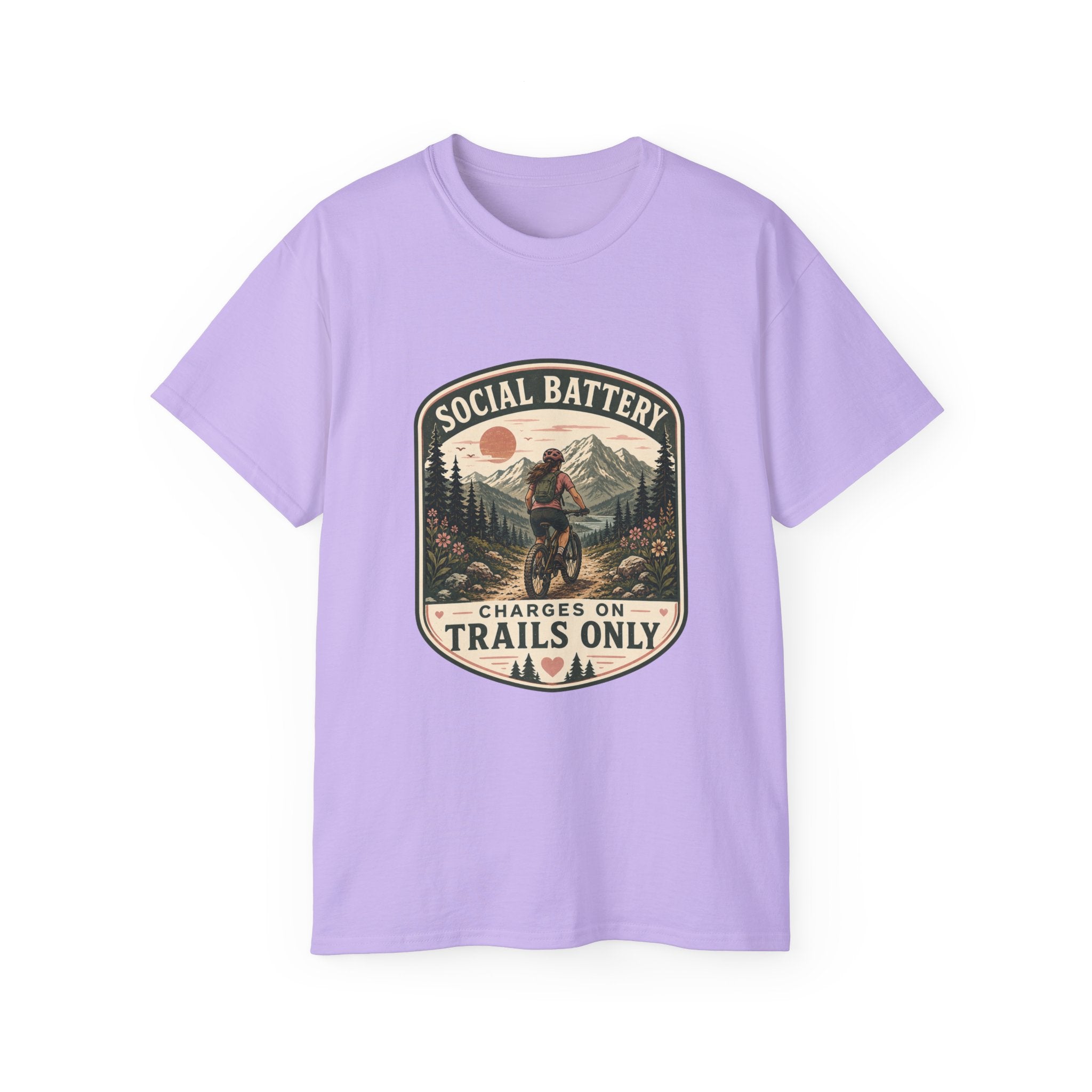 Woman’s Mountain biking T-Shirt — “Social Battery Charges On Trails Only” Outdoor Adventure Tee