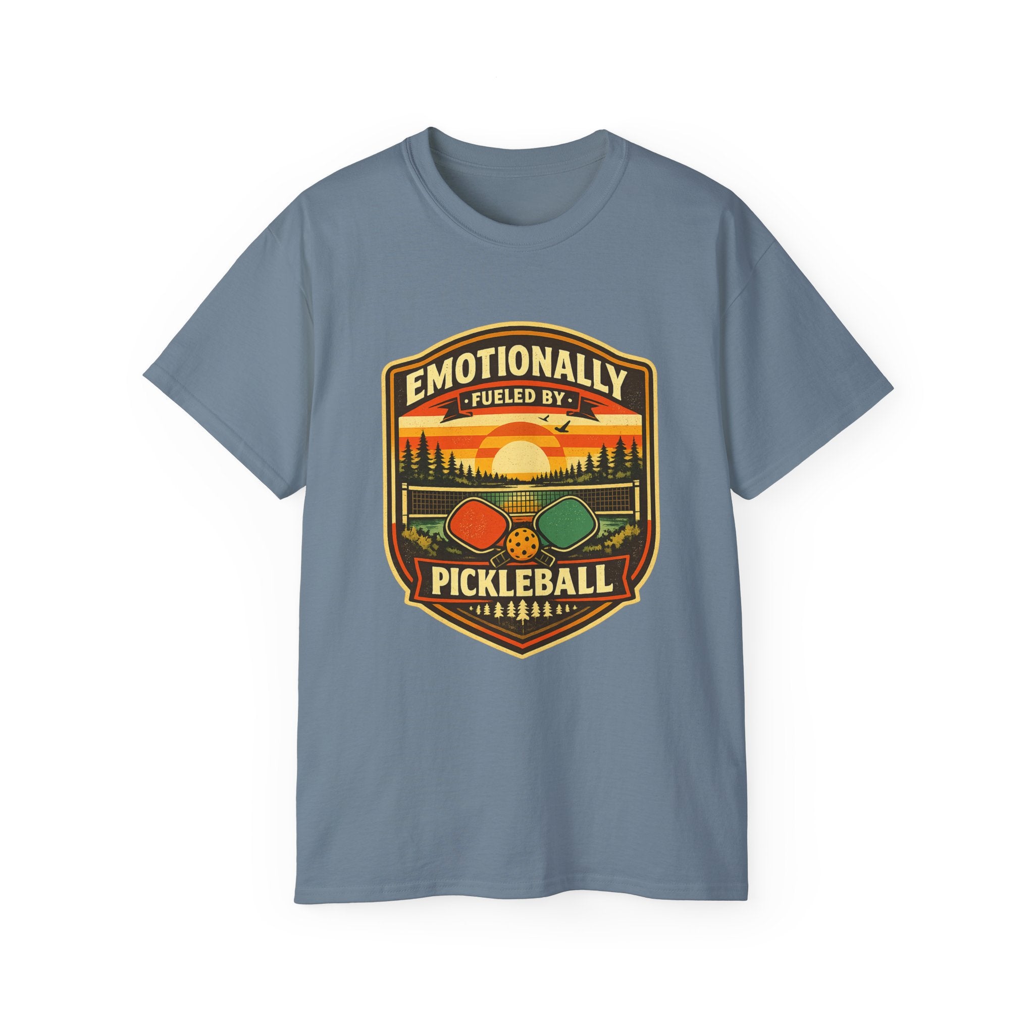 Pickleball Sunset Badge T‑Shirt  Emotionally Fueled by Pickleball