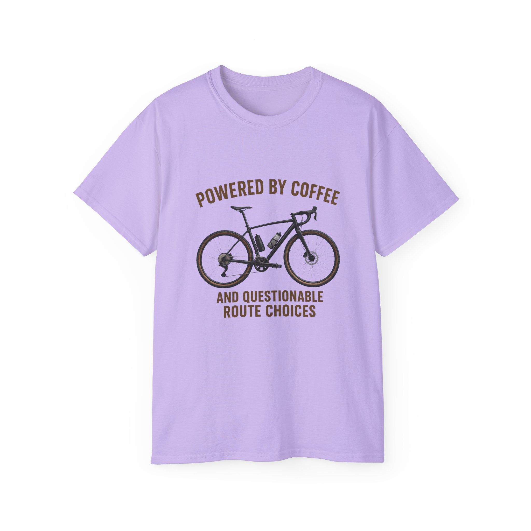 Unisex Coffee-Powered gravel Bike T-Shirt — "Powered by Coffee and Questionable Route Choices"