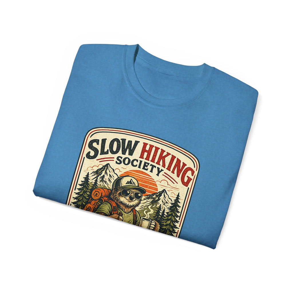 Slow Hiking Society T-Shirt — 'Last One to the Top Wins' Vintage Outdoor Tee