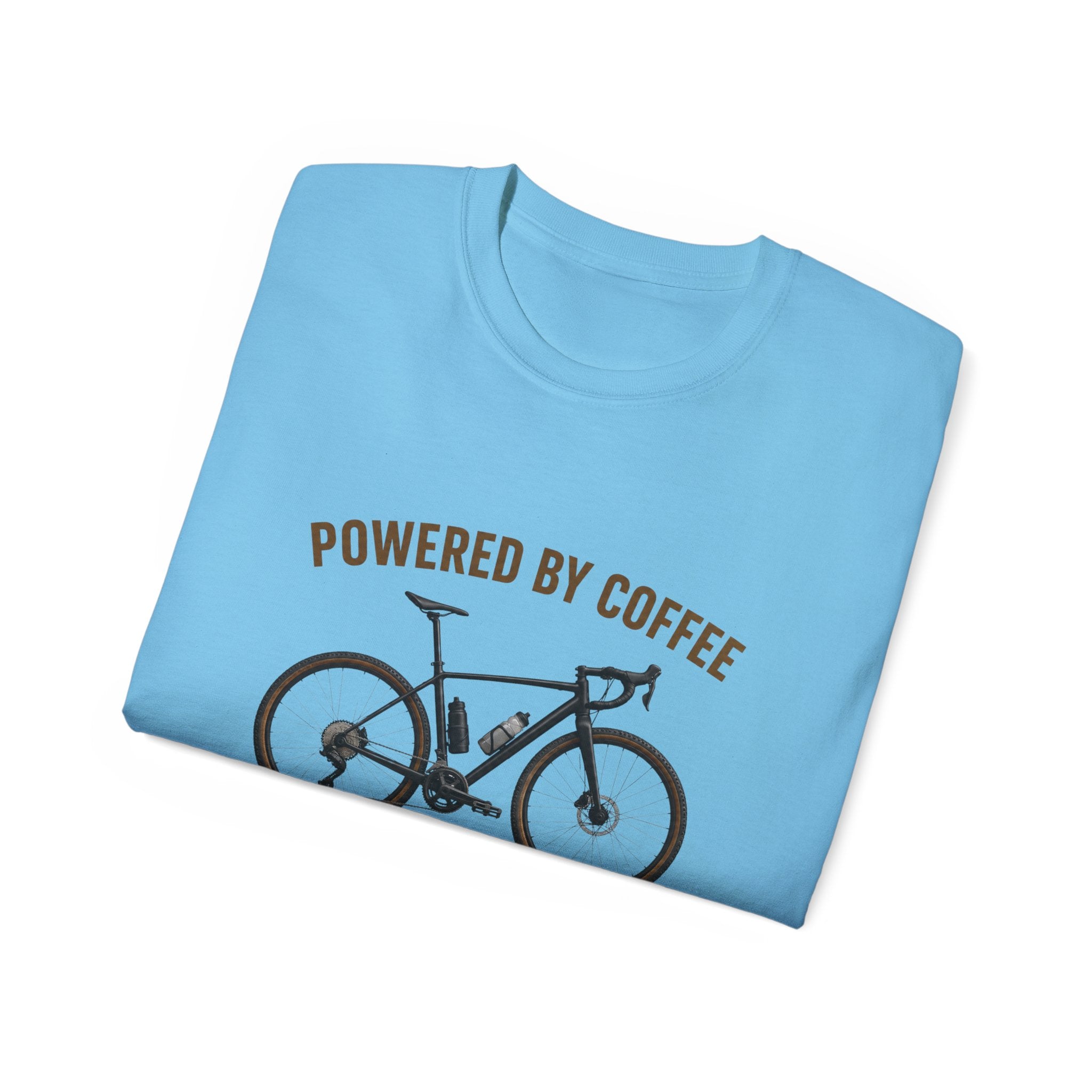 Unisex Coffee-Powered gravel Bike T-Shirt — "Powered by Coffee and Questionable Route Choices"