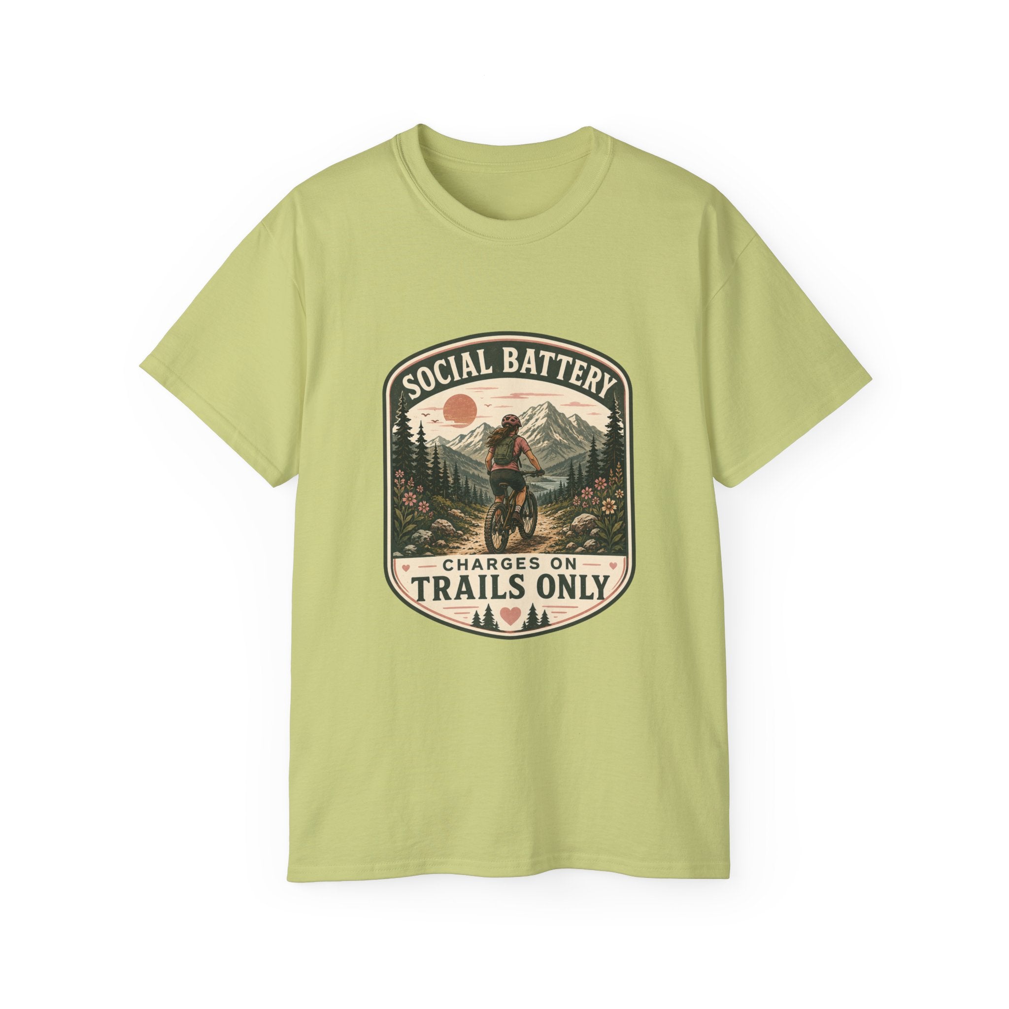 Woman’s Mountain biking T-Shirt — “Social Battery Charges On Trails Only” Outdoor Adventure Tee