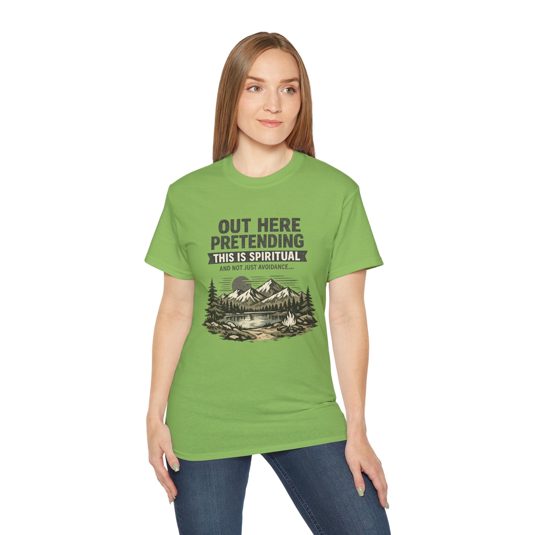 “Out Here Pretending This Is Spiritual” Mountain Camping Shirt