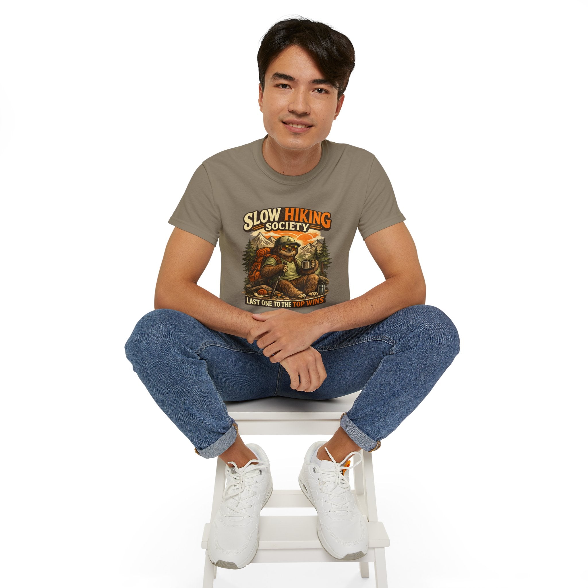 Slow Hiking Society T-Shirt — "Last One to the Top Wins" Vintage Outdoor Tee