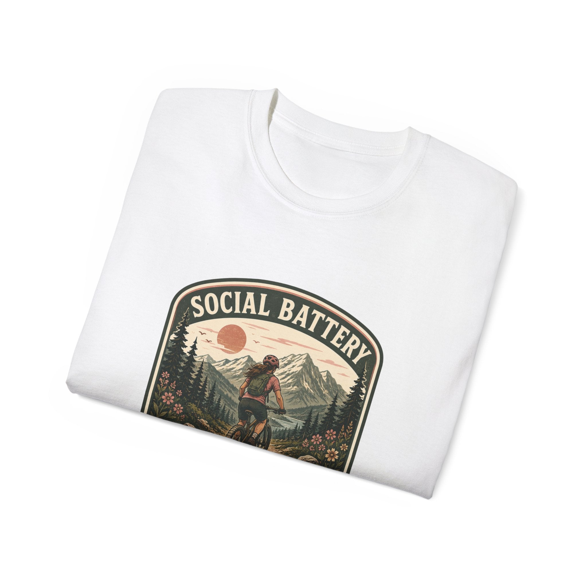 Woman’s Mountain biking T-Shirt — “Social Battery Charges On Trails Only” Outdoor Adventure Tee