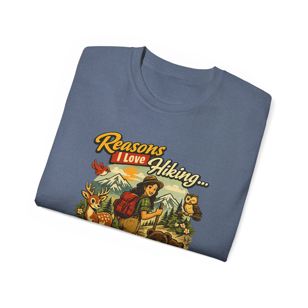 Hiking T-Shirt — "Reasons I Love Hiking... It Keeps Me From Being Charged For Murder" Retro Outdoor Tee