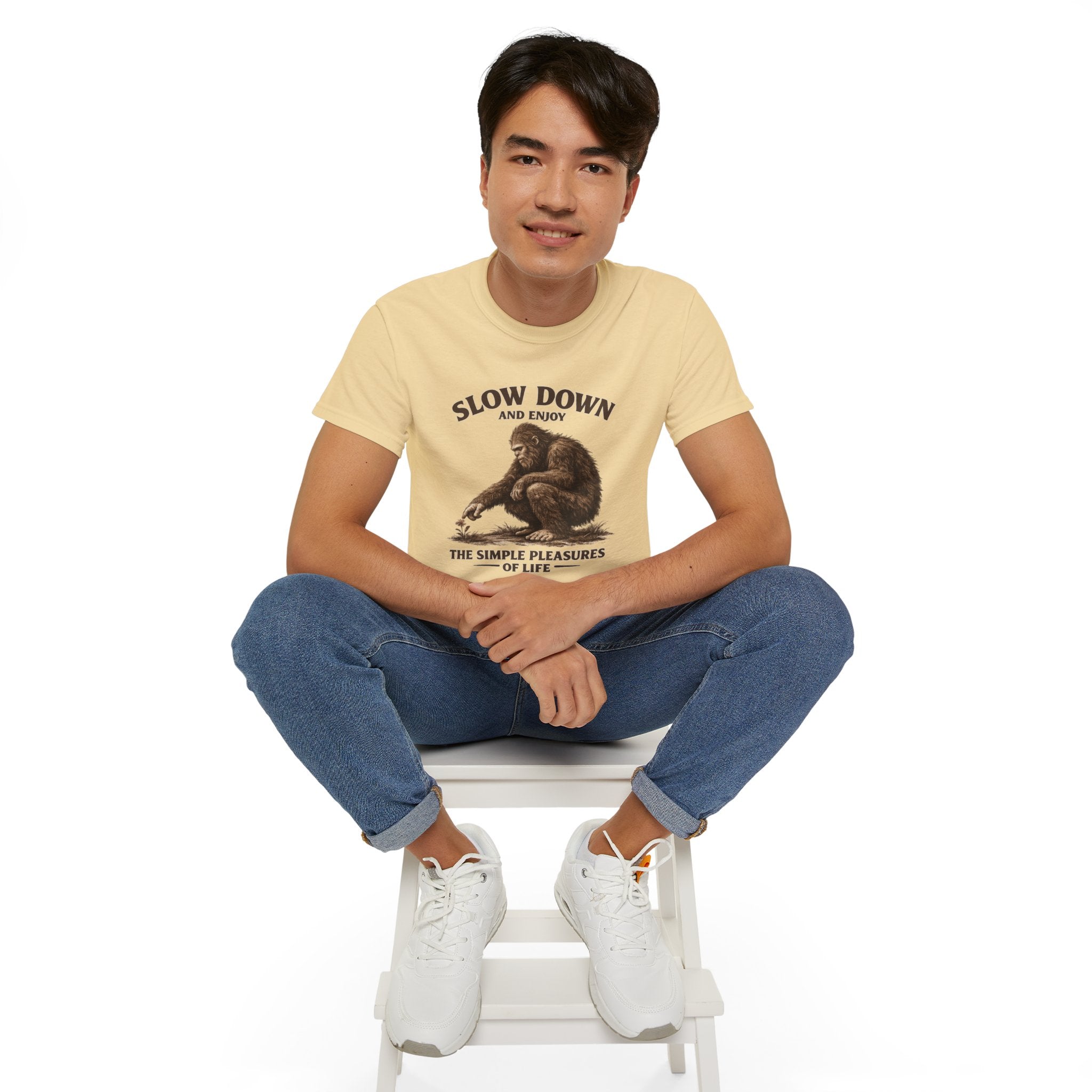 Slow Down BigFoot Tee — "Slow Down and Enjoy the Simple Pleasures of Life" Cotton T-Shirt