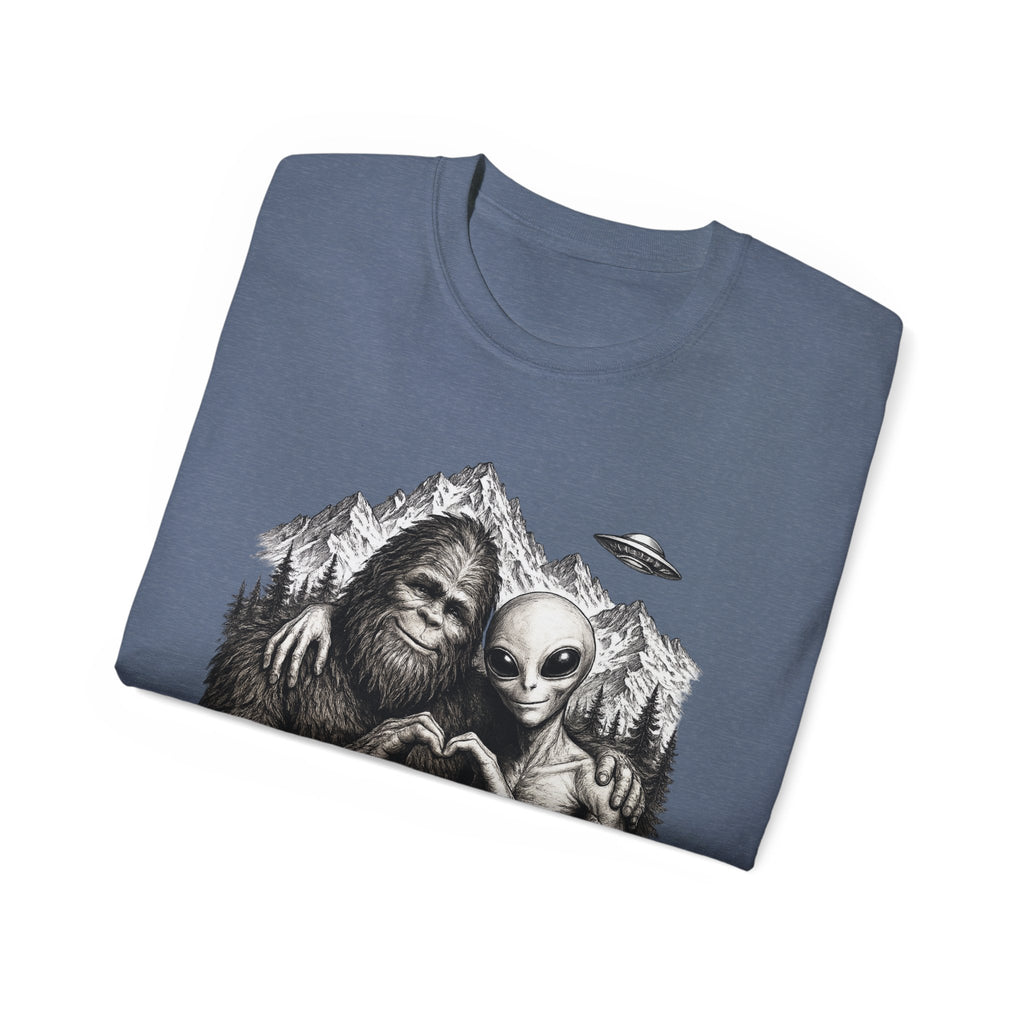 Love Is Love Tee — Bigfoot & Alien Heart Graphic T-Shirt