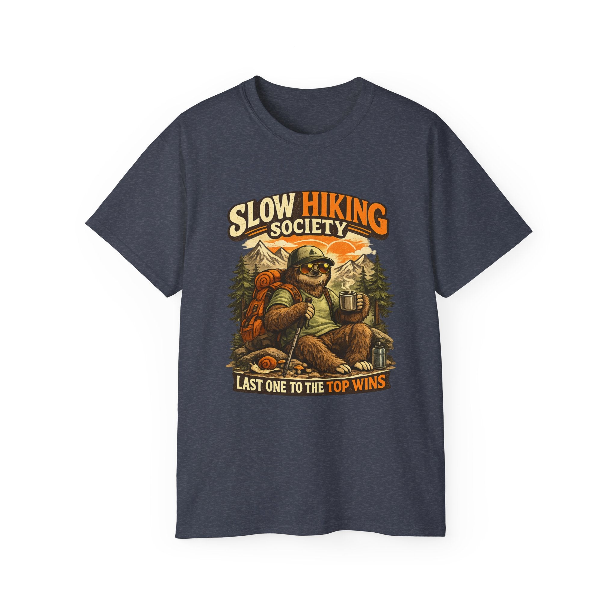 Slow Hiking Society T-Shirt — "Last One to the Top Wins" Vintage Outdoor Tee