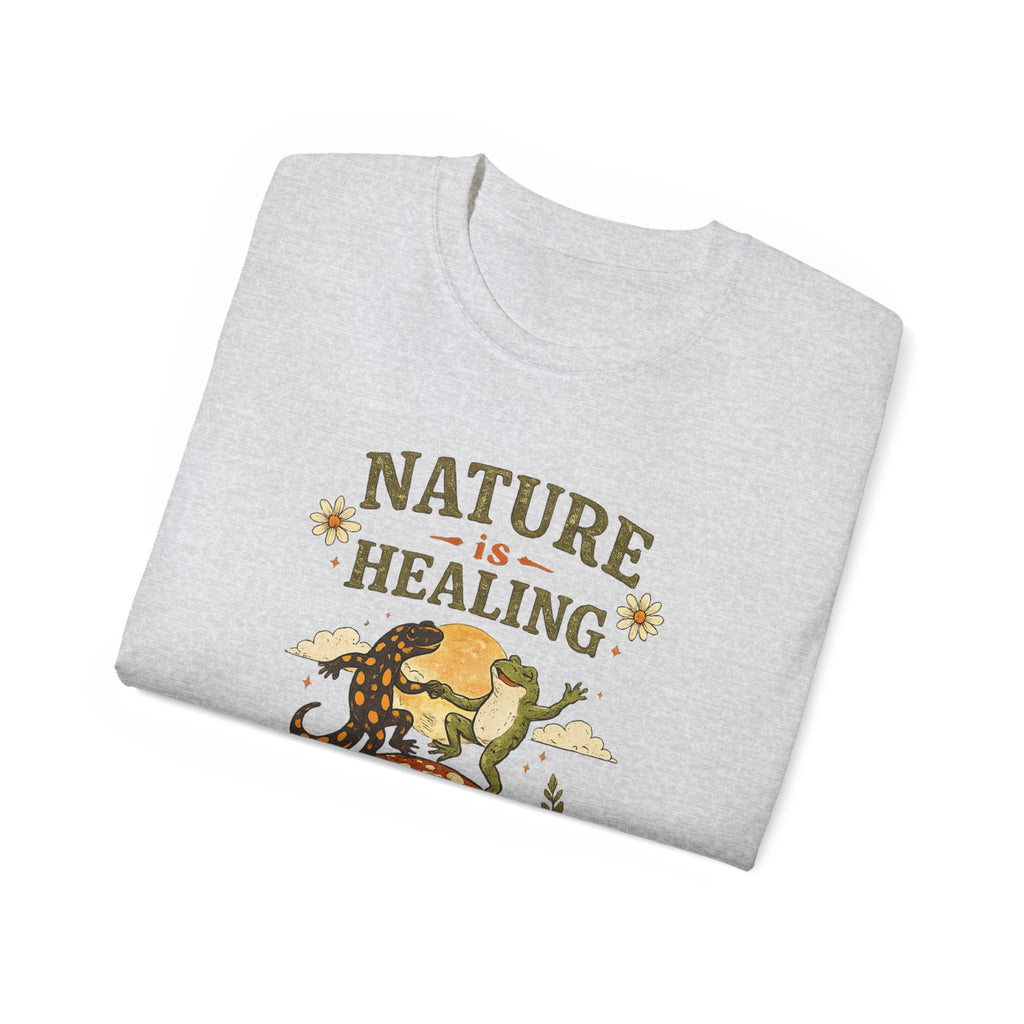 Nature Is Healing T‑Shirt — Retro Mushroom & frog lizard Graphic Tee